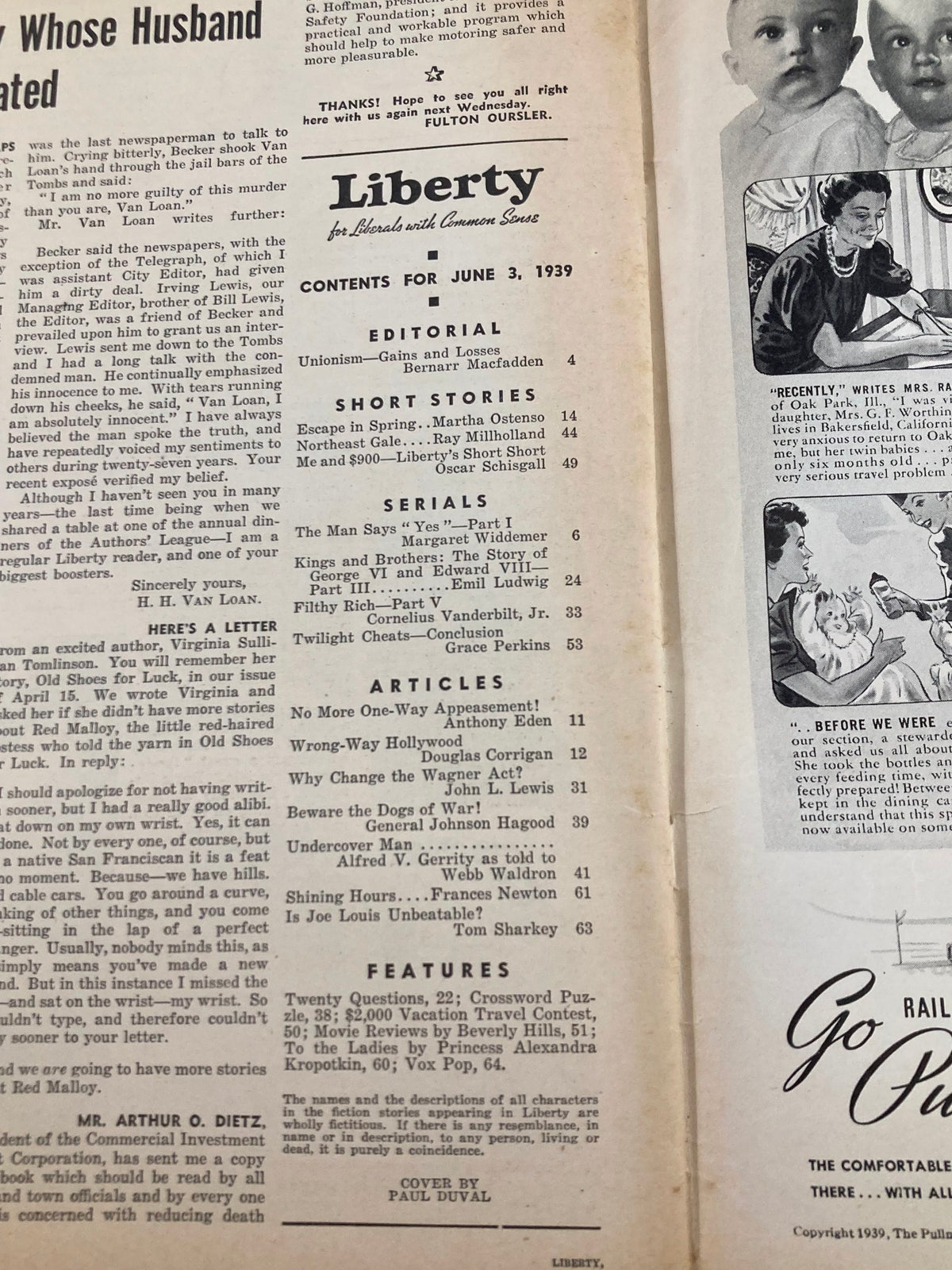 Contents page of VTG Liberty Magazine June 3 1939 listing articles and editorial content.