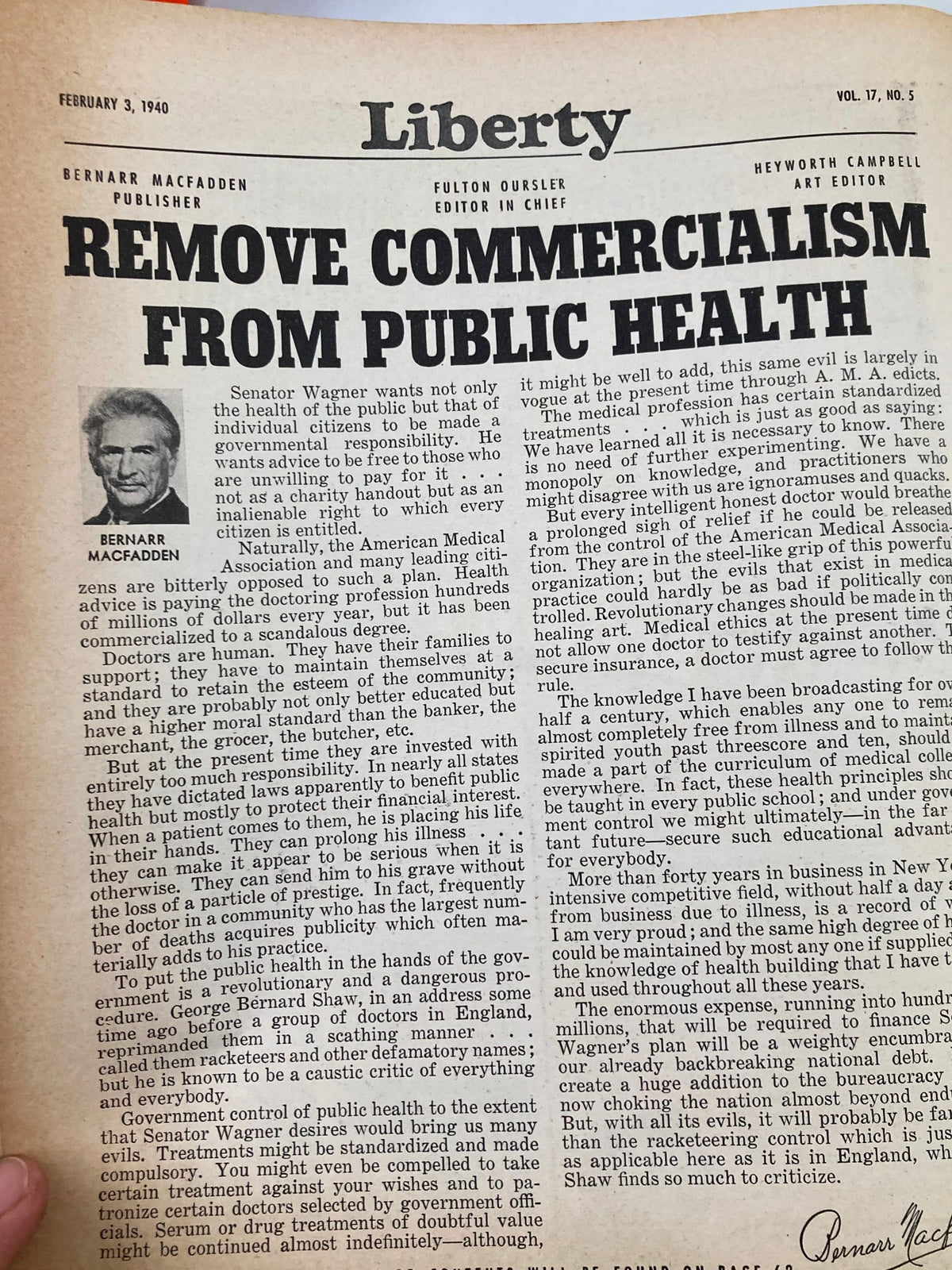 Editorial page of VTG Liberty Magazine February 3, 1940 discussing public health, published by Bernarr Macfadden, featuring a photo of the publisher.