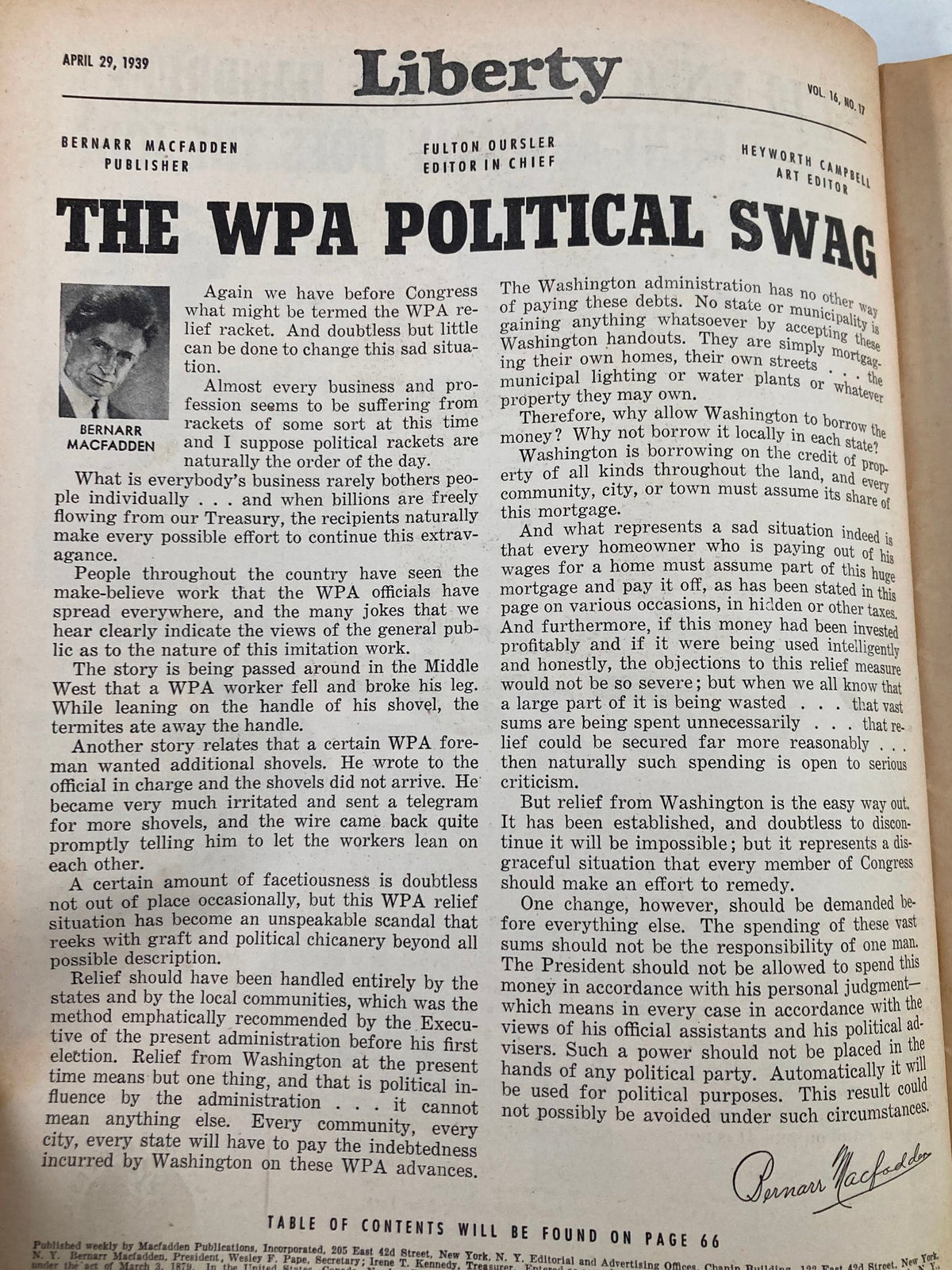 Inside page from VTG Liberty Magazine April 29 1939 featuring an editorial by Bernarr Macfadden discussing the WPA Political Swag and its implications.