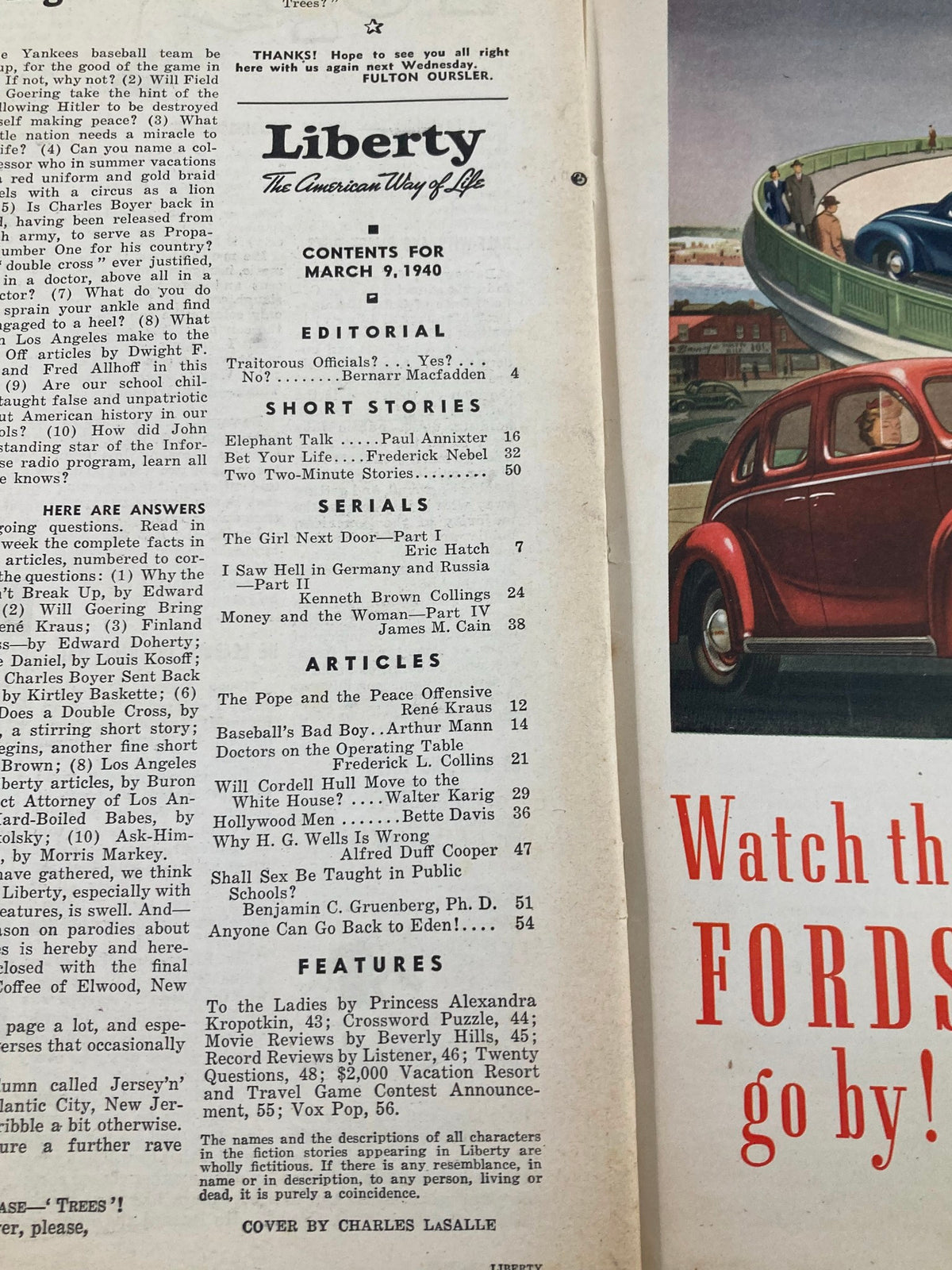 Contents page of VTG Liberty Magazine March 9 1940, detailing featured articles, stories, and sections including 'The Girl Next Door' by Eric Hatch.