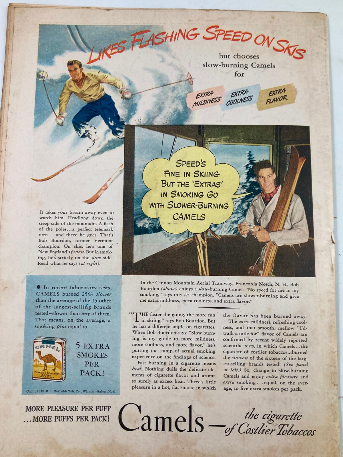 Vintage advertisement from the back cover of VTG Liberty Magazine March 9 1940, promoting Camel cigarettes with skiing imagery and emphasizing their slow-burning qualities.