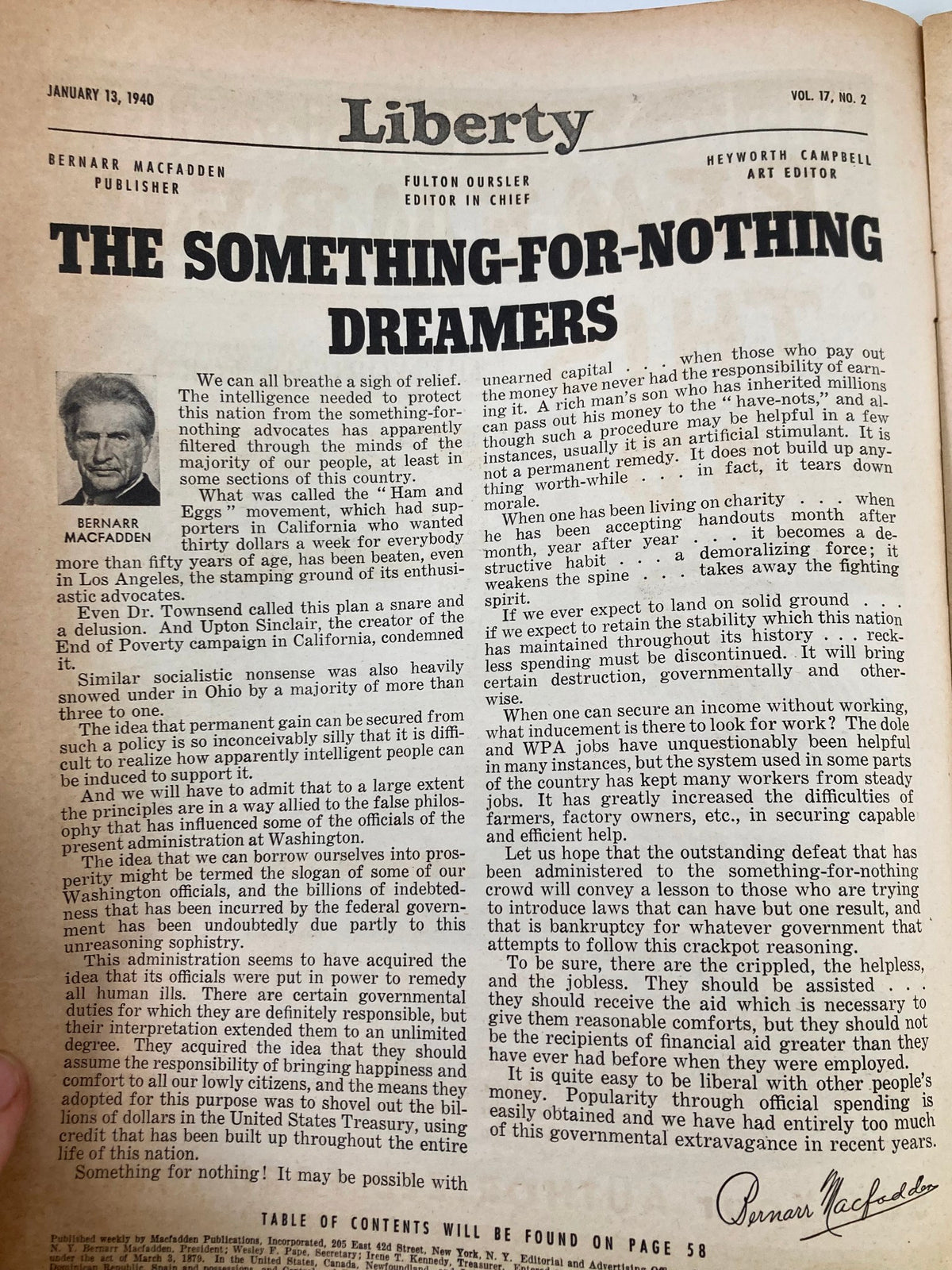 Interior page of VTG Liberty Magazine January 13 1940 with an article titled 'The Something-for-Nothing Dreamers' by Bernard Macfadden.