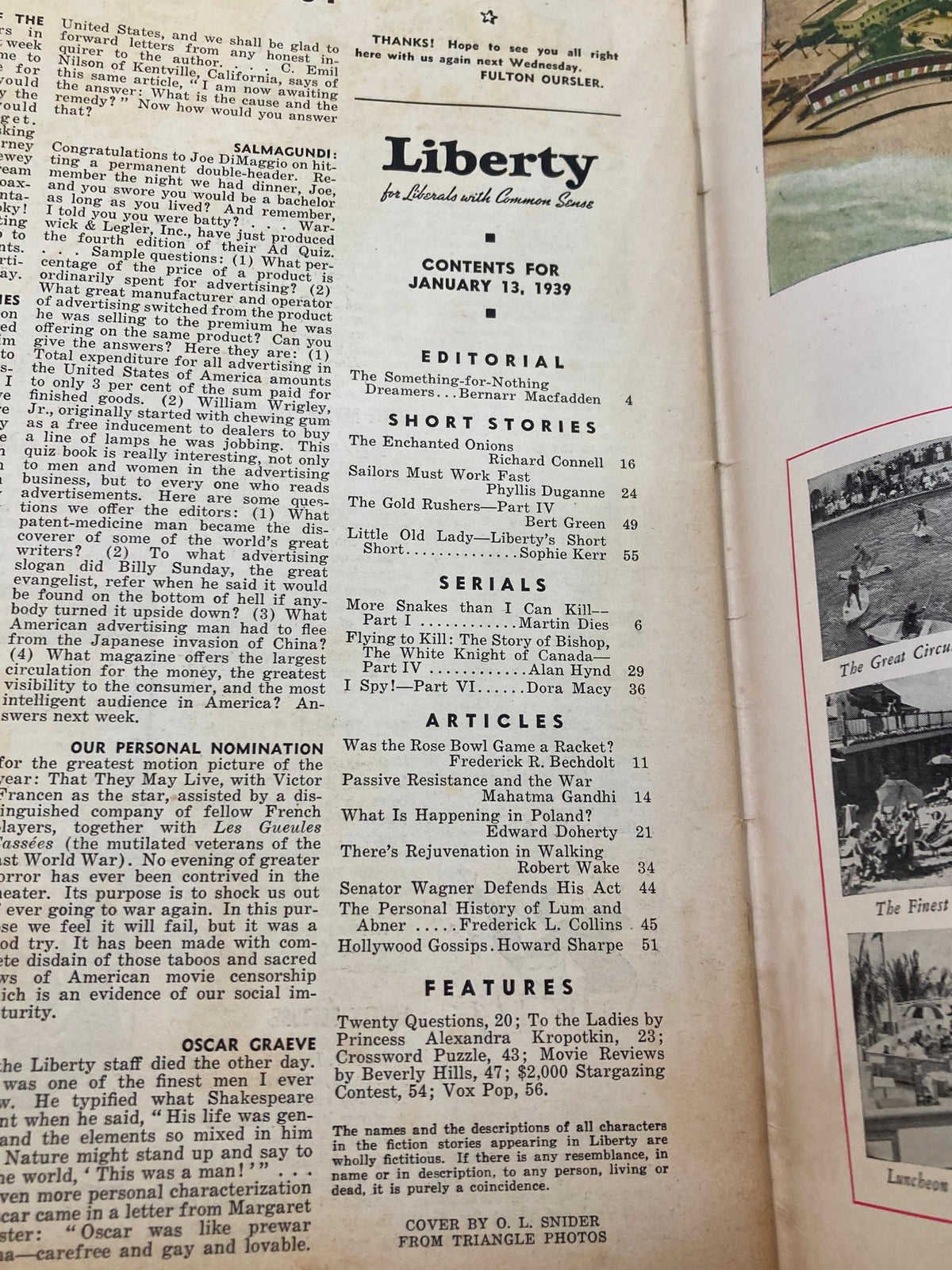 Table of contents page for VTG Liberty Magazine January 13 1940 including articles and features, highlighting 'More Snakes Than I Can Kill'.