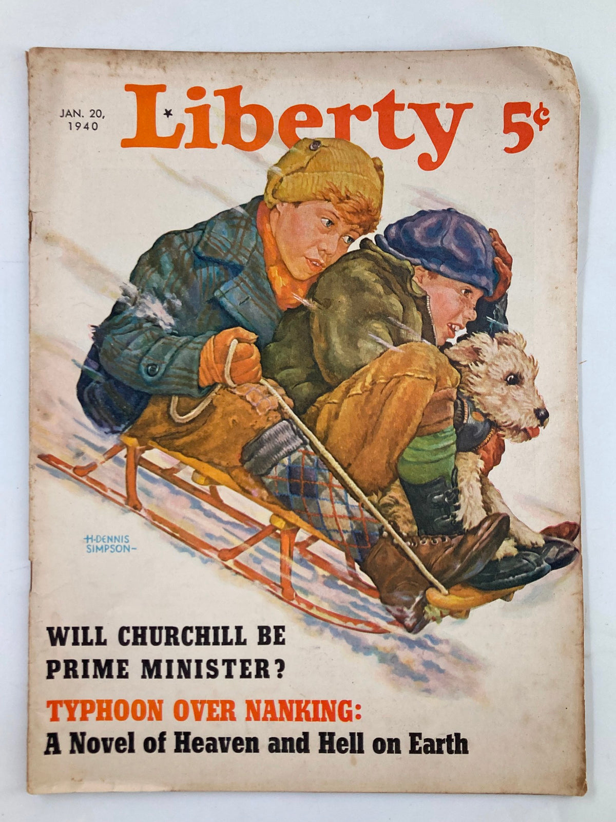 Cover of VTG Liberty Magazine January 20 1940 featuring two boys sledding with a dog, with the headline 'Typhoon Over Nanking: A Novel of Heaven and Hell on Earth.'