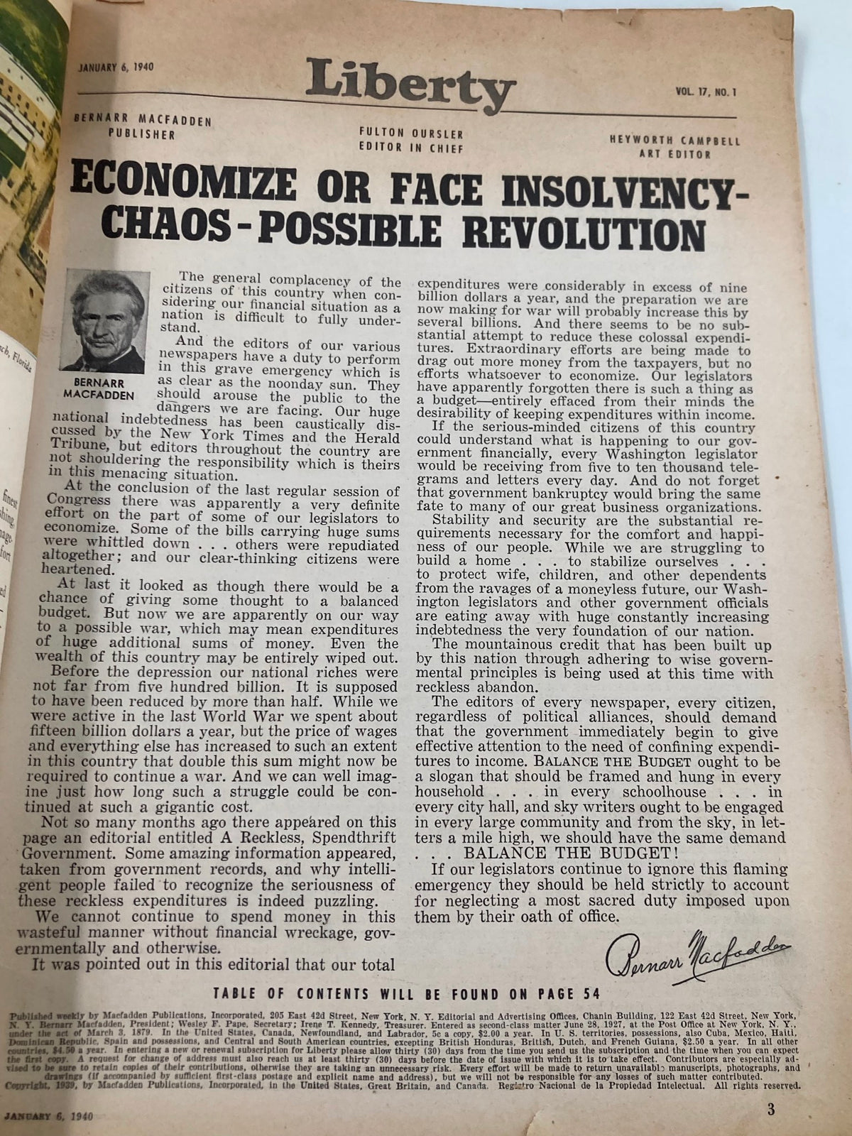 Vintage Liberty Magazine January 6 1940 Economize of Face Insolvency No Label