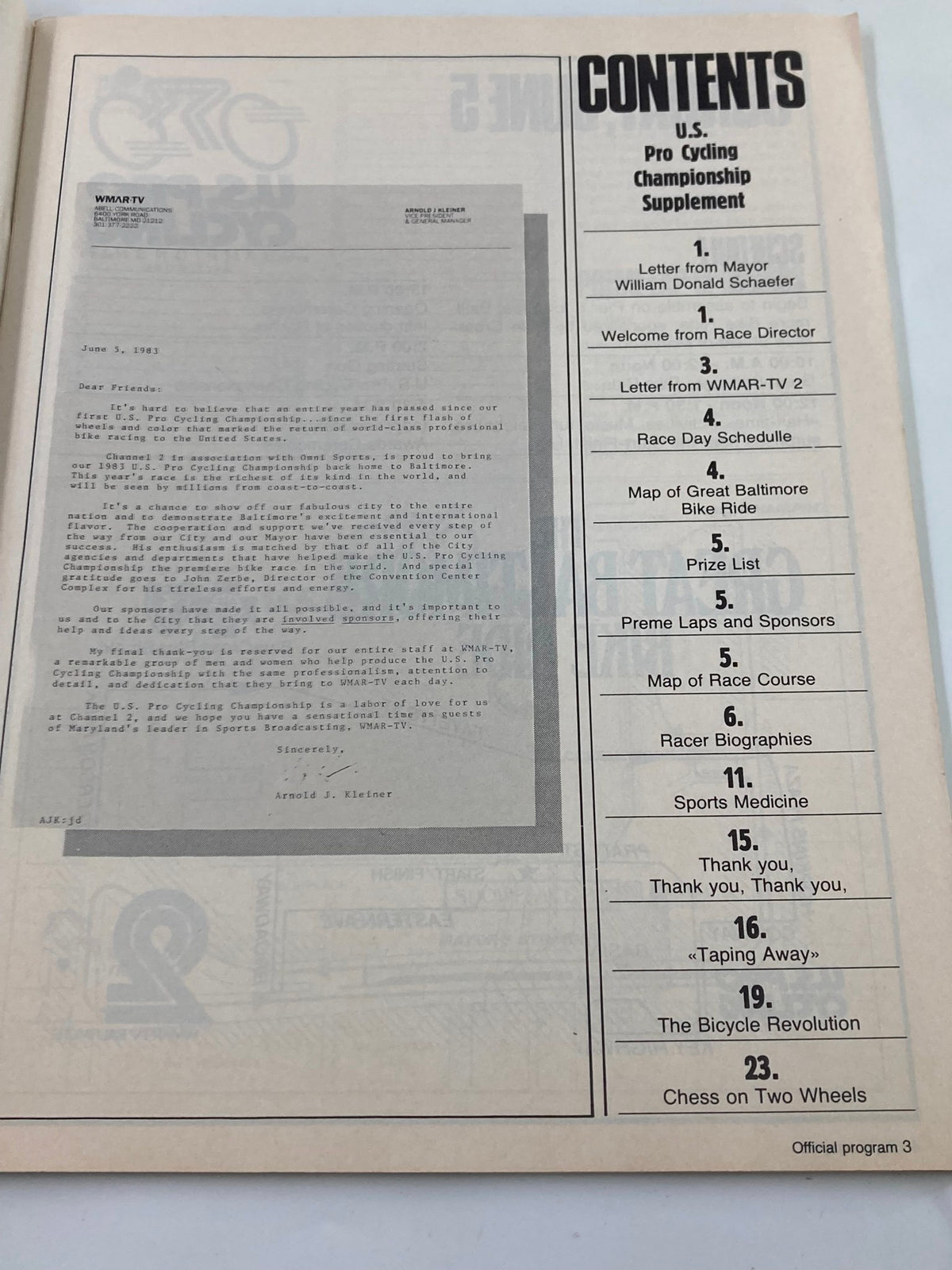 Contents page of the magazine 'VTG Winning Bicycle Racing Illustrated July 1983 #1 Eddy Merck X No Label', featuring a letter from the Mayor, race schedule, and sections on racer biographies and the U.S. Pro Cycling Championship.