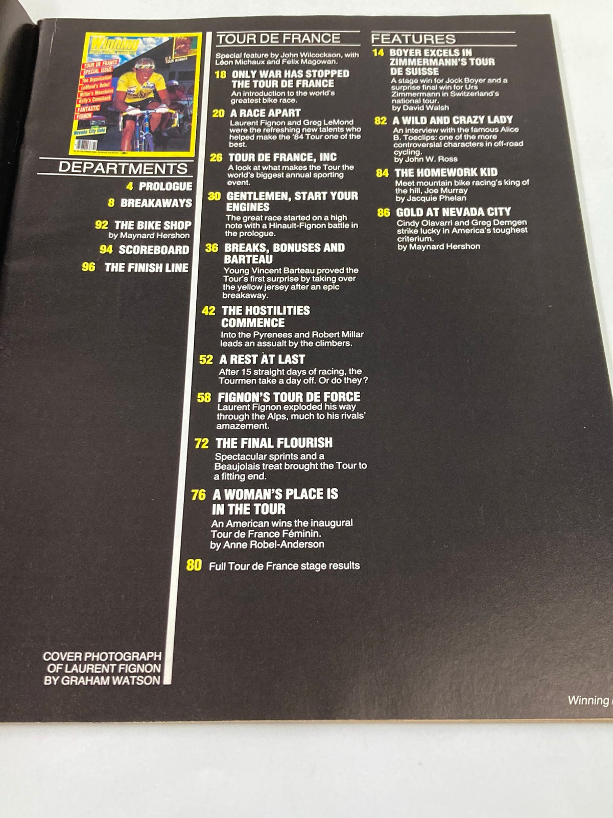 Inside page of VTG Winning Bicycle Racing Illustrated October 1984 magazine showcasing the table of contents and features related to the Tour de France and cycling articles.