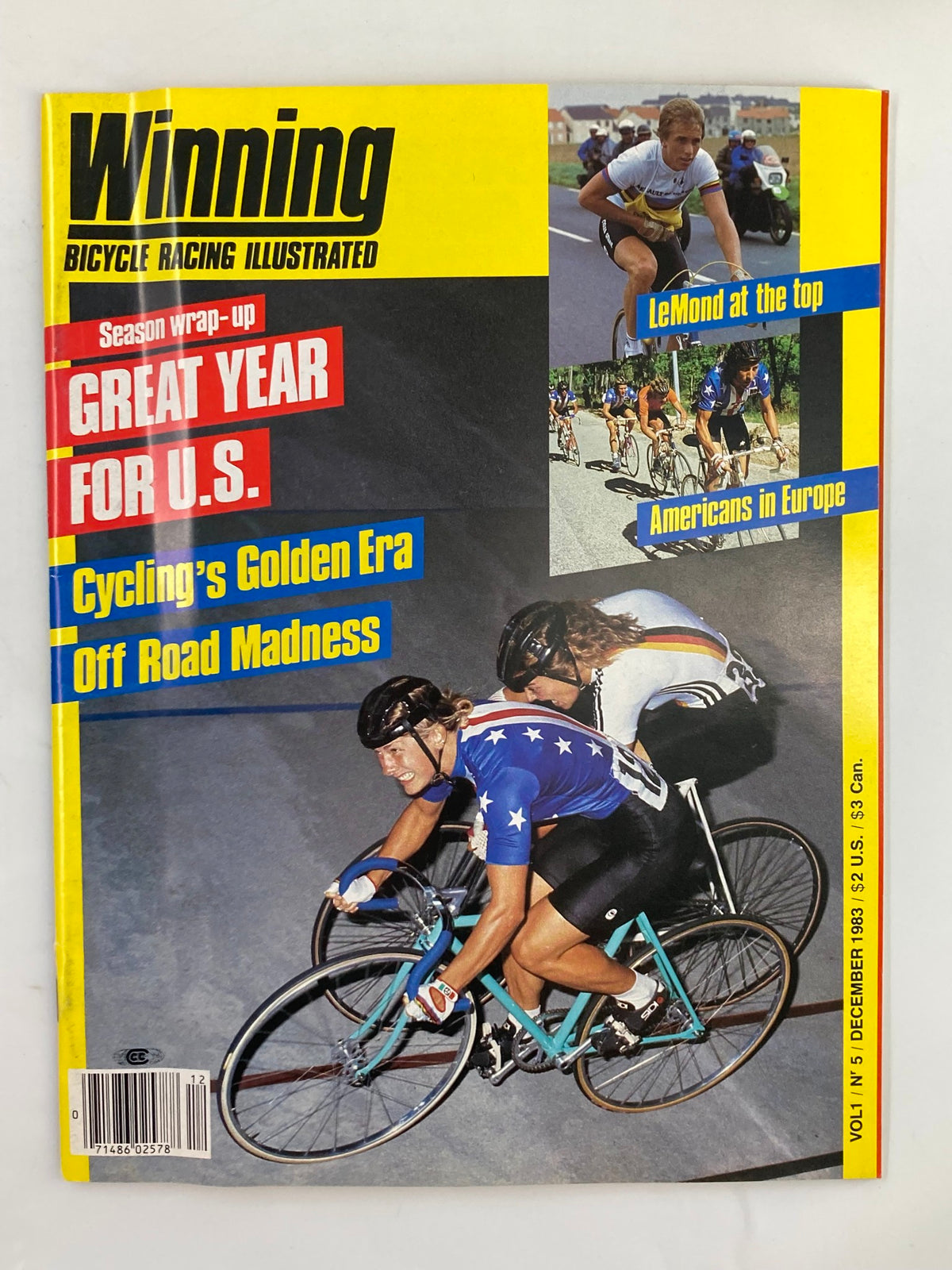 Cover of Winning Bicycle Racing Illustrated December 1983 featuring a vibrant design, with headlines discussing a great year for U.S. cycling and an image of cyclists in action, including a notable mention of Greg LeMond.