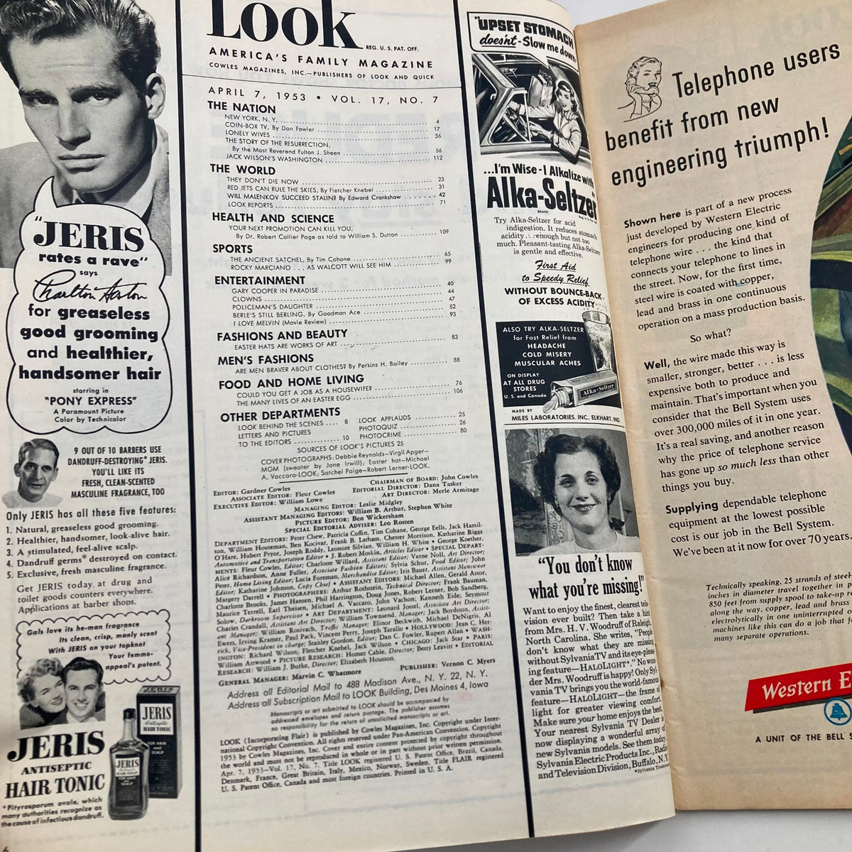 Inside pages of VTG Look Magazine April 7 1953 Vol 17 No. 7 displaying contents and advertisements.