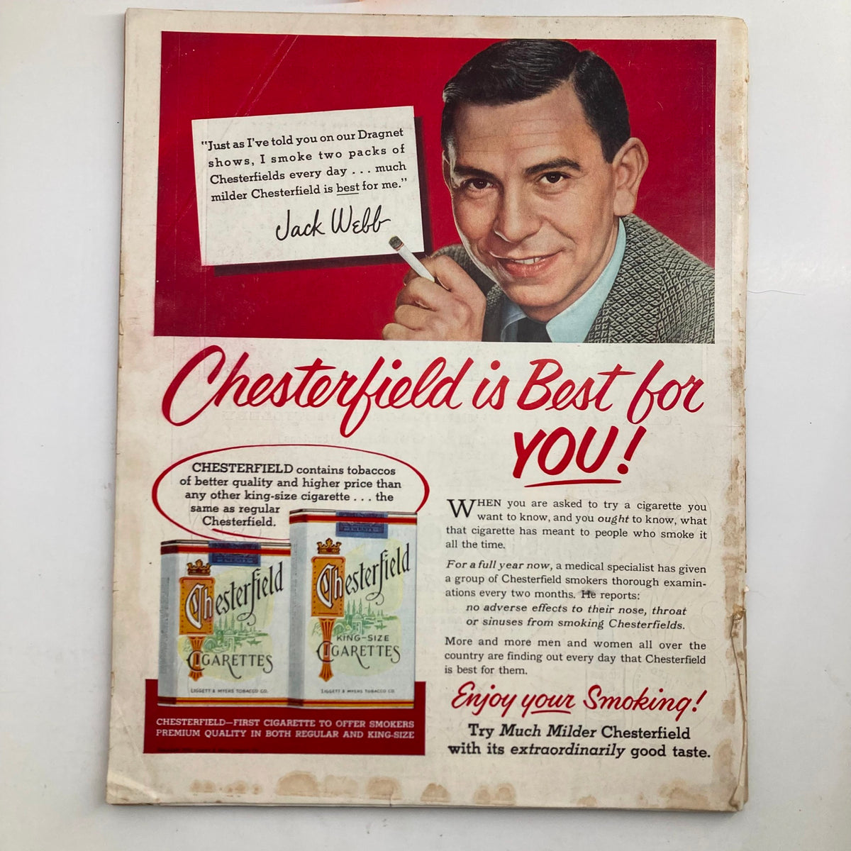 Vintage Chesterfield cigarette advertisement featuring Jack Webb, promoting Chesterfield as a preferred choice, from VTG Look Magazine May 5 1953 Vol 17 No. 9 Queen Elizabeth II Coronation.
