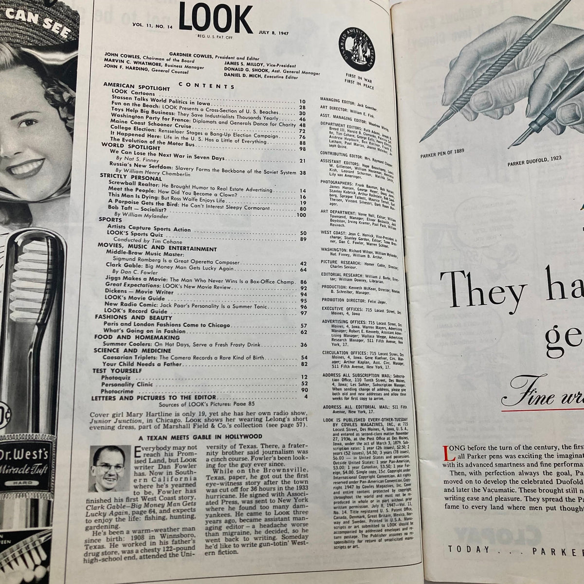 Interior page of VTG Look Magazine July 8 1947, Vol 11 No 14, featuring content listings and details showcasing the glamour and culture of the post-war era.