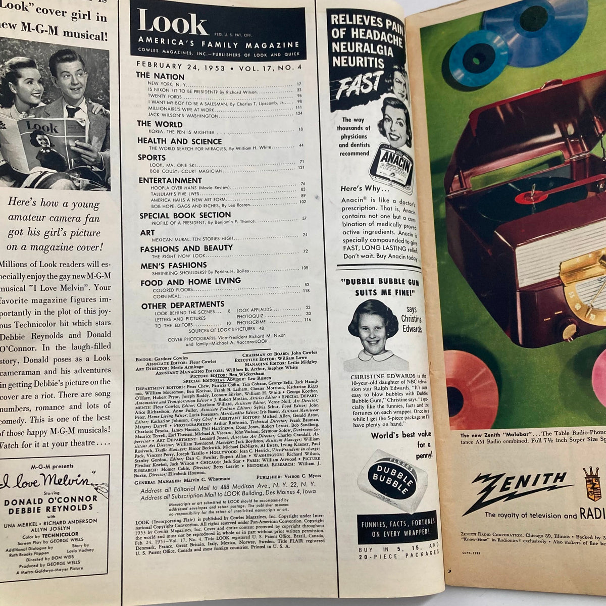 Interior page of VTG Look Magazine February 24 1953 featuring the table of contents, highlights on American culture, health science, sports, entertainment, and advertisements from the era.