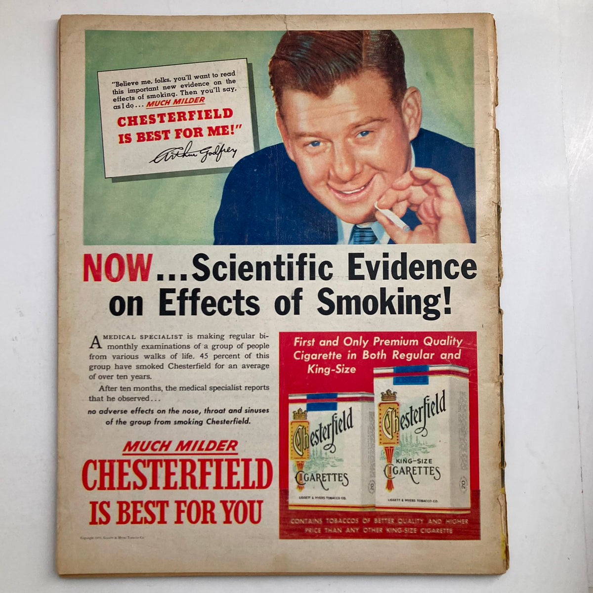 Back cover of VTG Look Magazine February 24 1953 showcasing a Chesterfield cigarette advertisement, emphasizing the effects of smoking with a smiling spokesperson.