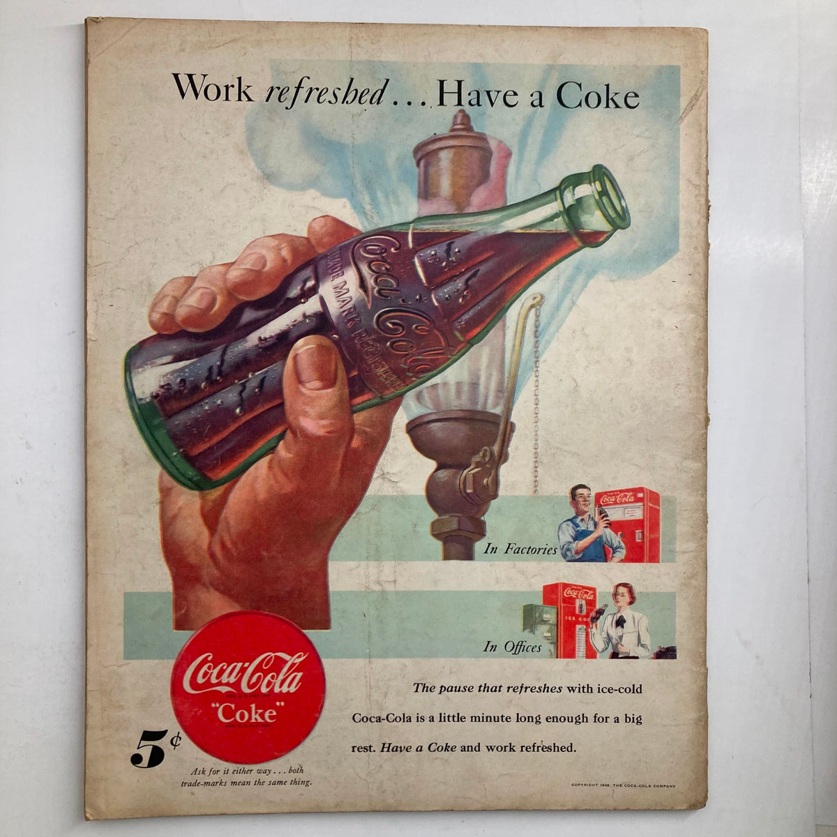 Back cover of VTG Look Magazine May 11 1948 Vol 12 No. 10 showcasing a vintage Coca-Cola advertisement promoting refreshment in workplaces.