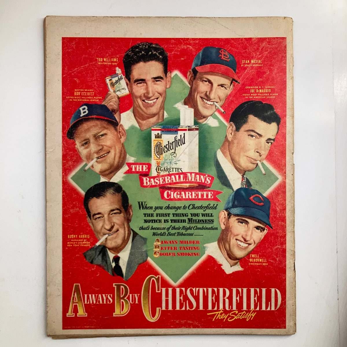 Back cover of Look Magazine April 27, 1948 featuring advertisements for Chesterfield cigarettes, highlighting baseball players of the era.