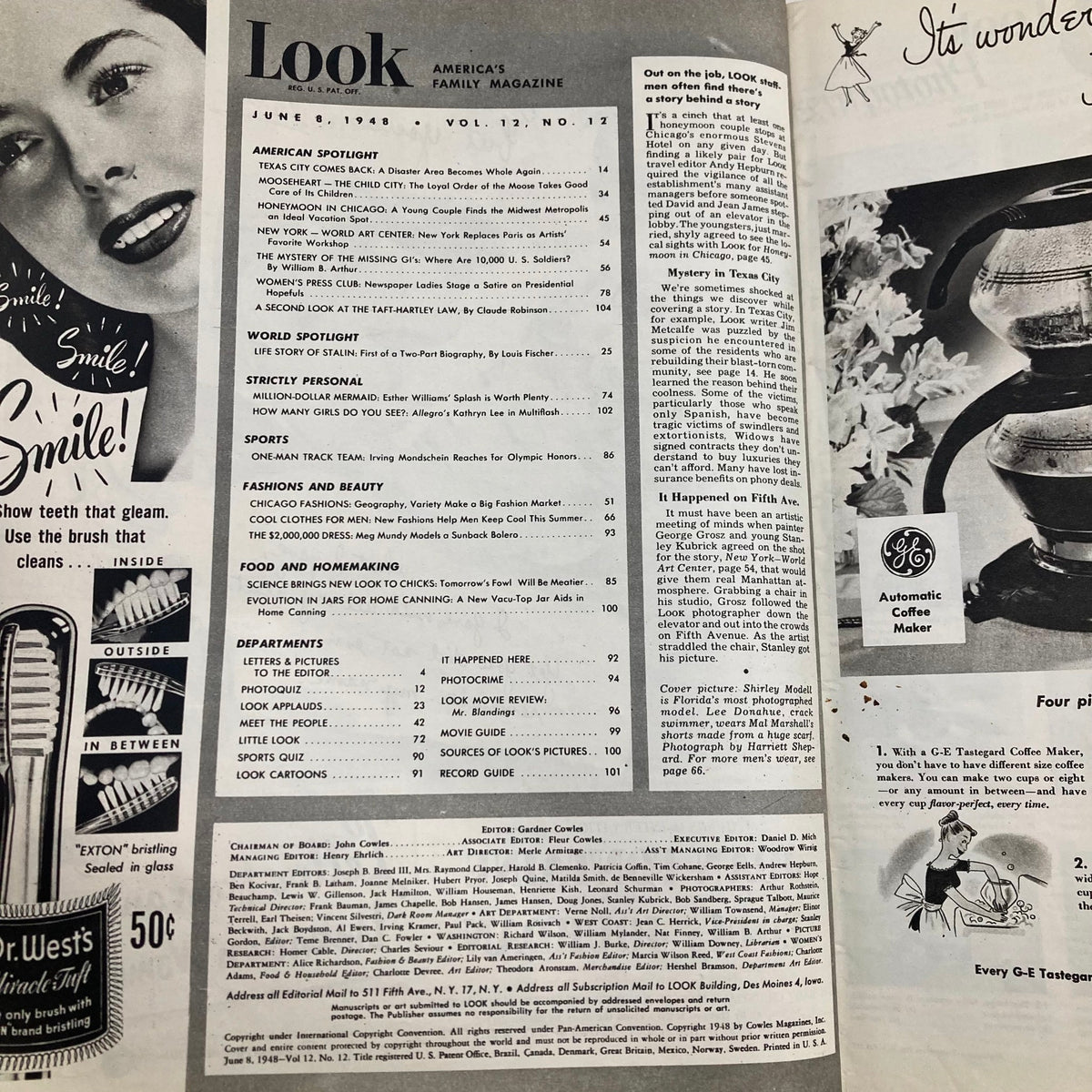 Interior page of VTG Look Magazine from June 8, 1948, displaying the table of contents and advertisements, reflecting cultural themes of the era. Volume 12, Issue 12.