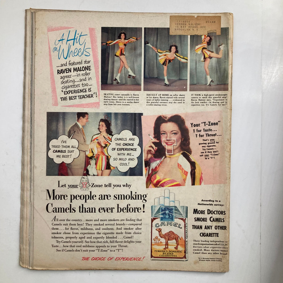 Back cover of VTG Look Magazine June 8, 1948 showcasing advertisements related to Camel cigarettes and roller skating, highlighting mid-20th century marketing trends. Volume 12, Issue 12.