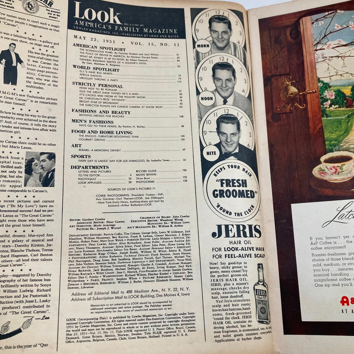 Inside page of VTG Look Magazine May 22 1951, displaying the table of contents and magazine sections, providing a glimpse into the editorial structure.