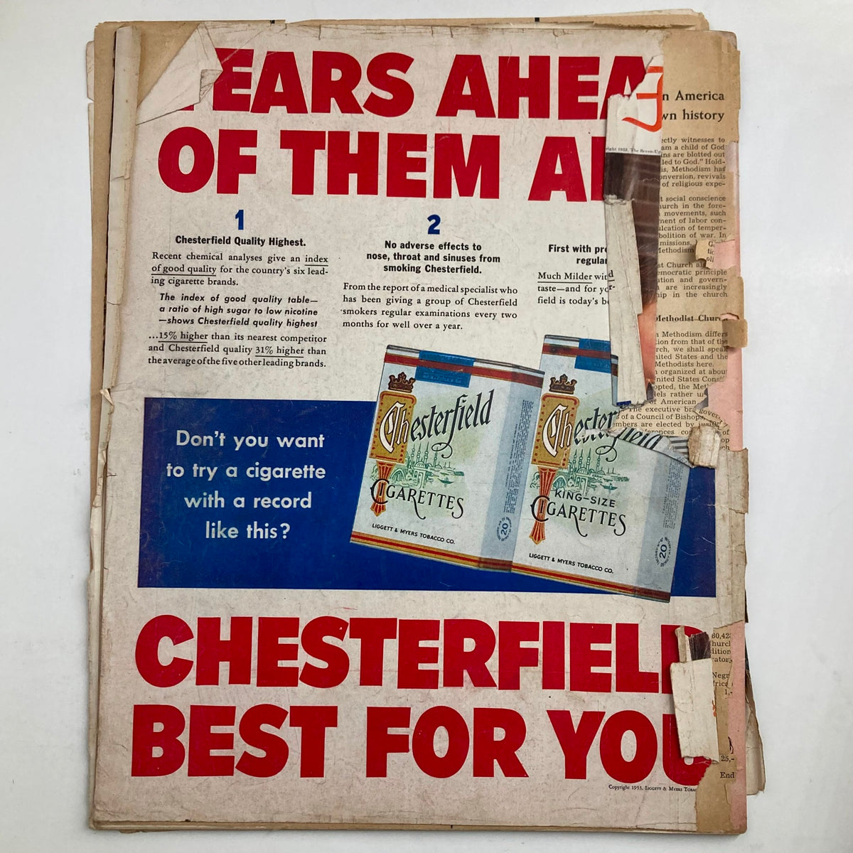 Vintage magazine advertisement featuring Chesterfield cigarettes from the VTG Look Magazine October 6 1953 Vol 17 No. 20 Ava Gardner, showcasing the slogan 'CHESTERFIELD BEST FOR YOU'.