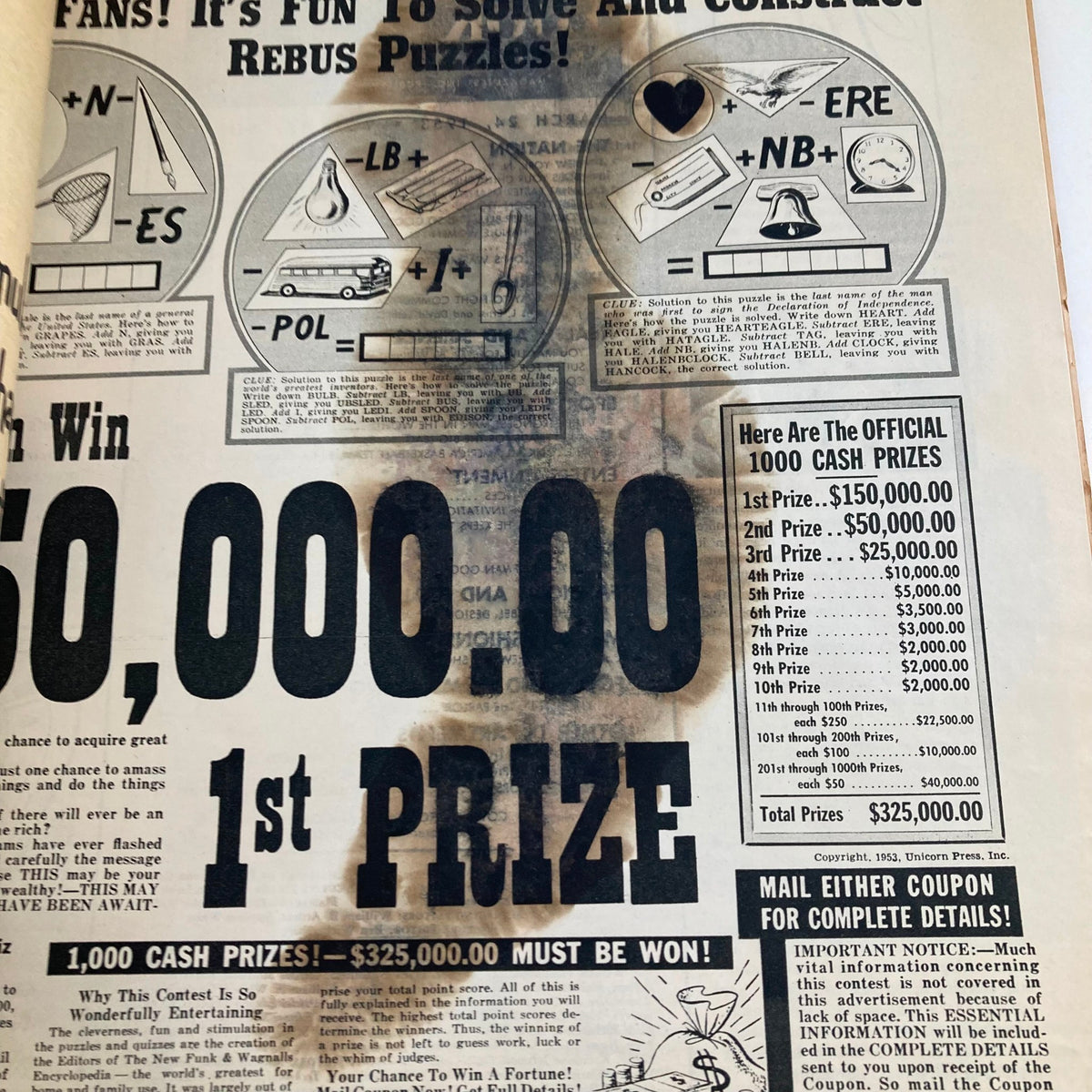 Image from VTG Look Magazine March 24 1953 showing a contest advertisement for solving rebus puzzles with a total prize of $325,000.