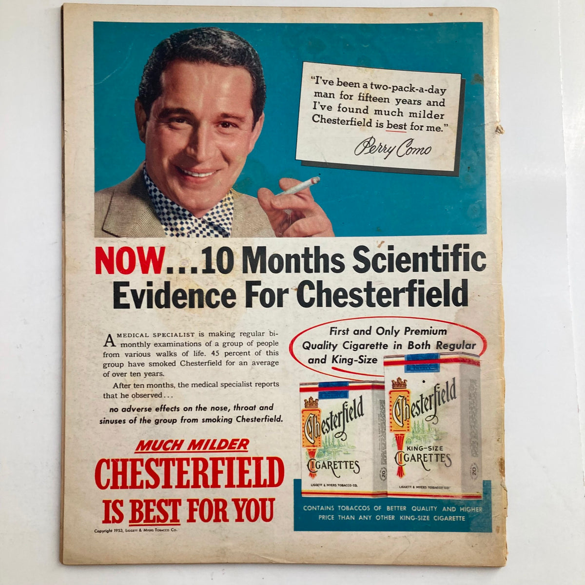 Image from VTG Look Magazine March 24 1953 featuring a cigarette advertisement for Chesterfield with the endorsement of Perry Como.