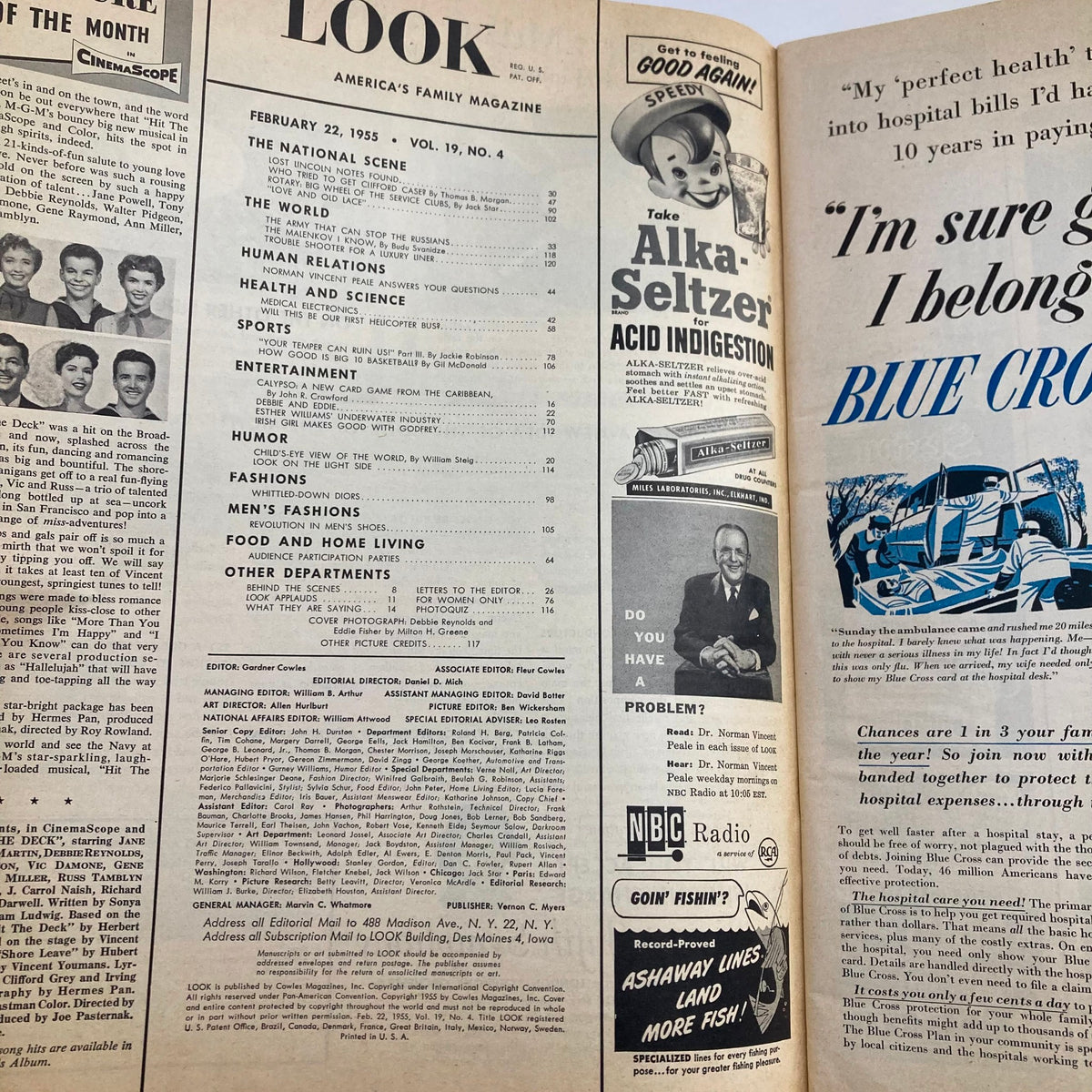 Inside page of Look Magazine from February 22, 1955, Volume 19, Number 4, displaying the table of contents with featured articles related to health, fashion, and entertainment.