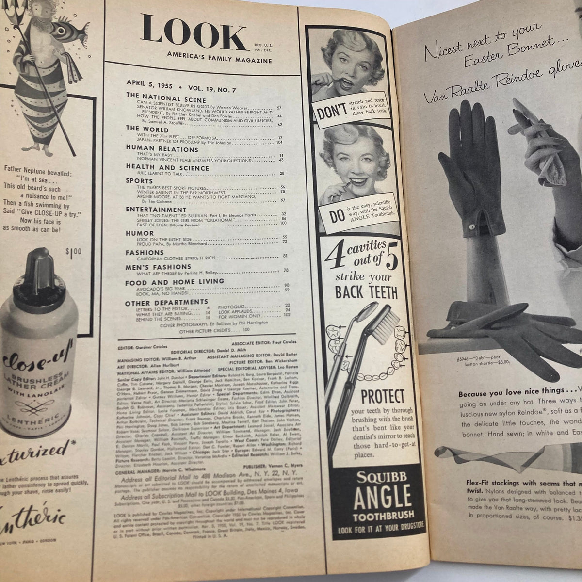 Interior page of VTG Look Magazine April 5, 1955, displaying the table of contents with vintage advertisements and features of the era.