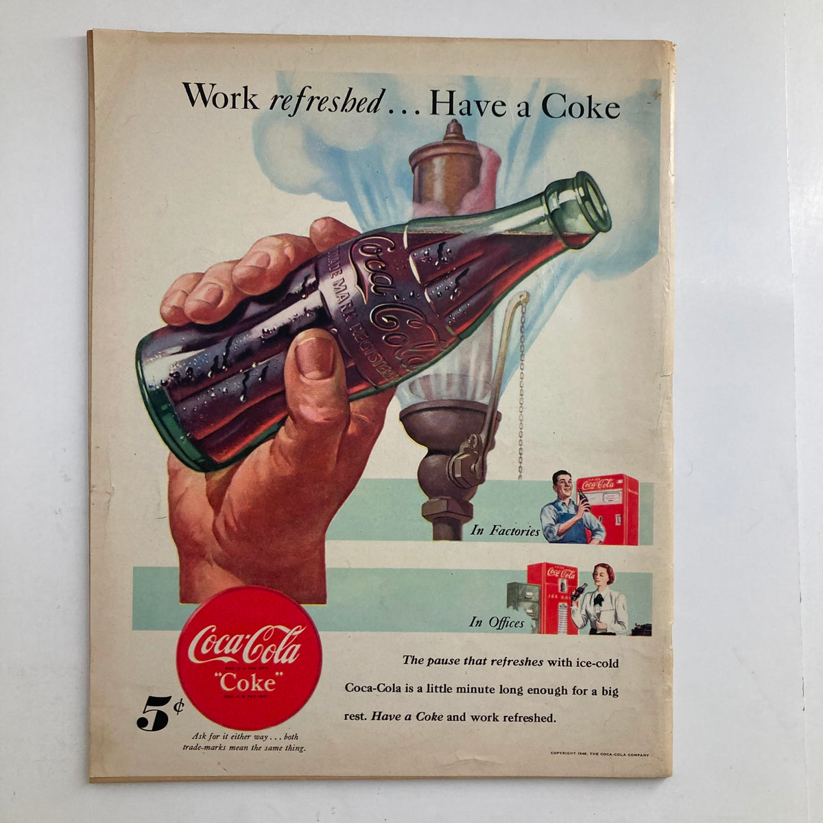 Cover of VTG Look Magazine May 11 1948 featuring a vintage Coca-Cola advertisement. The artwork shows a hand holding a Coca-Cola bottle with the text 'Work refreshed... Have a Coke'. This issue showcases the theme 'Stunt Man Falls For Movie Thrills'.