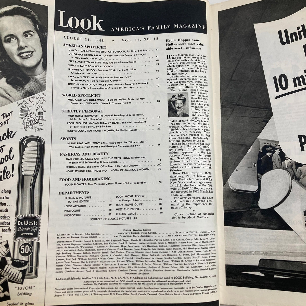 Interior page of VTG Look Magazine August 31, 1948 displaying the table of contents with articles and topics relevant to 1940s lifestyle and fashion trends.