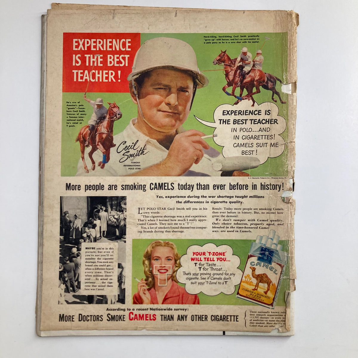 Back cover of VTG Look Magazine May 27, 1947 featuring an advertisement for Camel cigarettes with a man on horseback and a slogan highlighting the benefits of experience.
