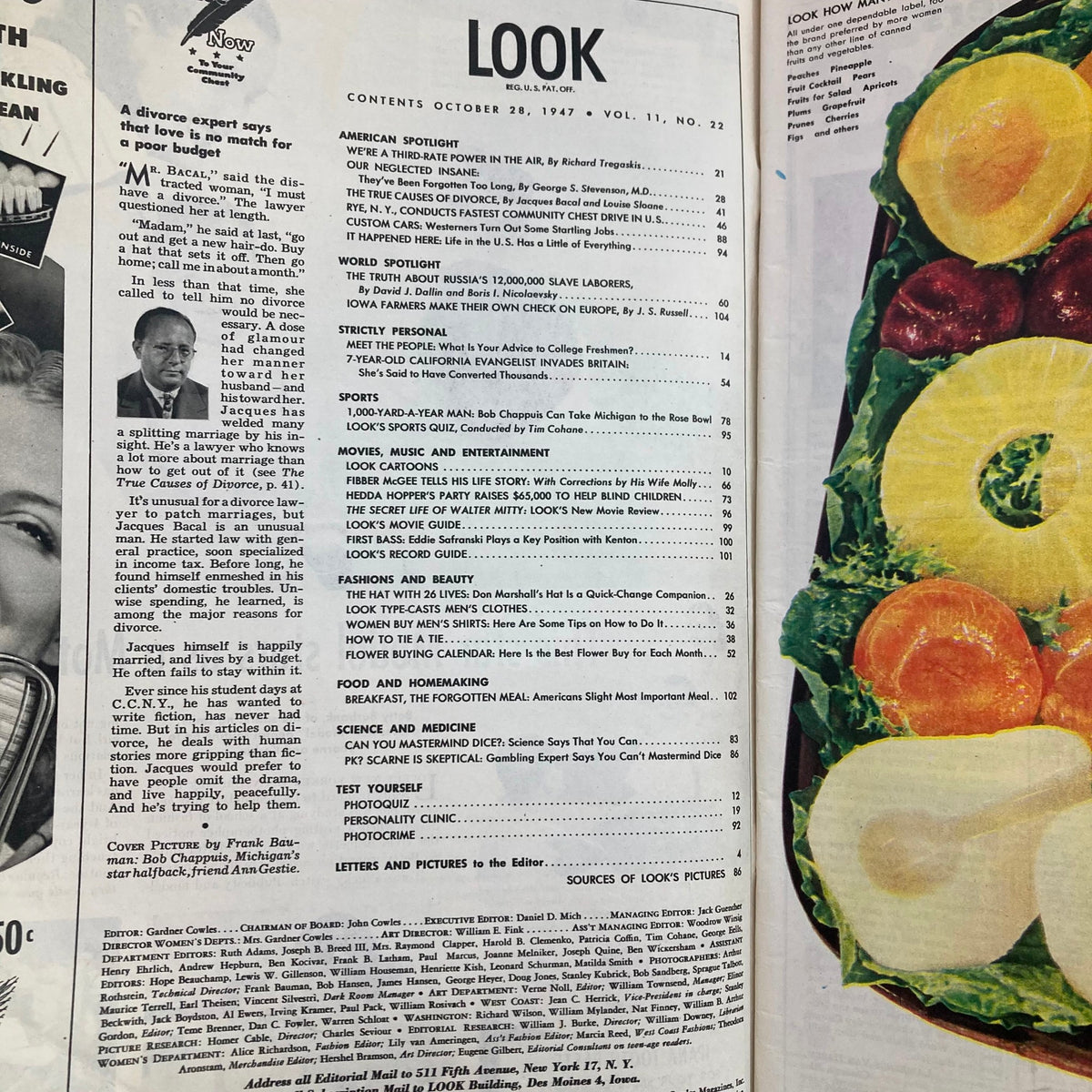 Contents page of VTG Look Magazine October 28, 1947, Vol 11 No. 22, detailing articles including 'We're a Third-Rate Power in the Air' and sports features.