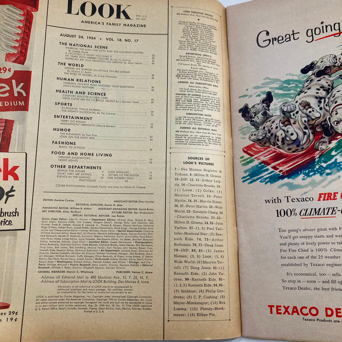 Inside spread of VTG Look Magazine August 24 1954 displaying the table of contents and advertisements. This magazine offers insights into the entertainment and lifestyle of the era.