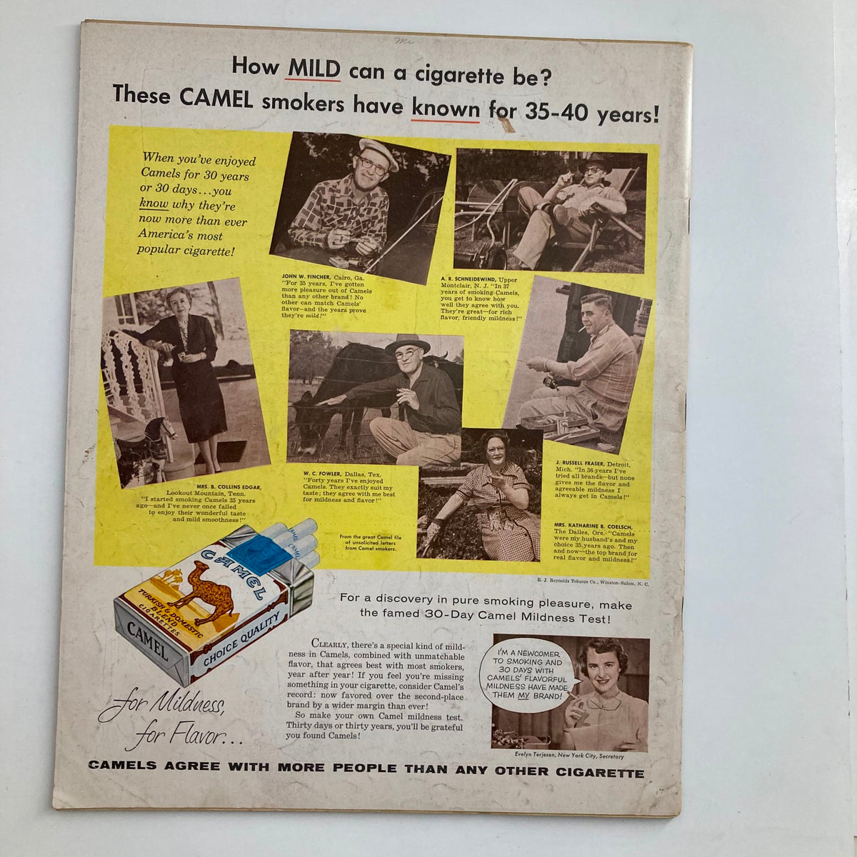Back cover of VTG Look Magazine August 24 1954, featuring an advertisement for Camel cigarettes showcasing various smokers and promoting the mildness of Camel cigarettes over the years.