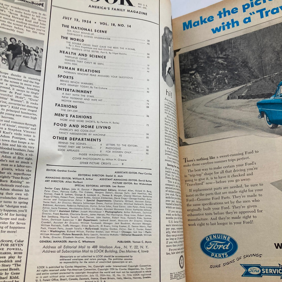 Inside page of VTG Look Magazine July 13, 1954, showcasing the table of contents for Volume 18, No. 14, highlighting various topics including health, entertainment, and fashion.