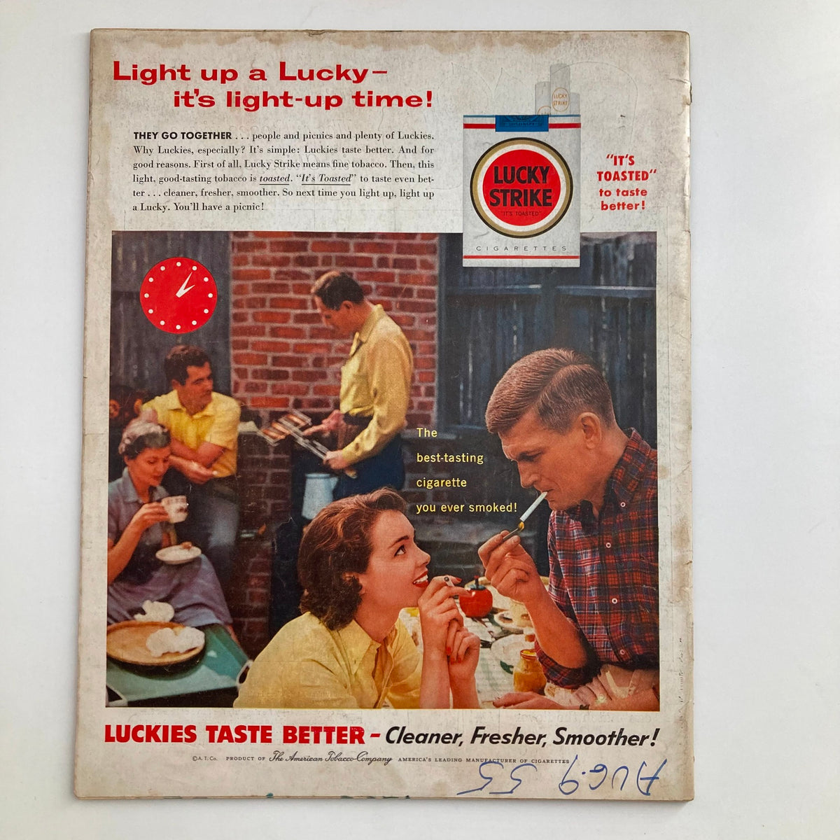 Back cover of VTG Look Magazine August 9 1955 Vol 19 No. 16 featuring a vintage advertisement for Lucky Strike cigarettes with a group of young people enjoying a picnic.