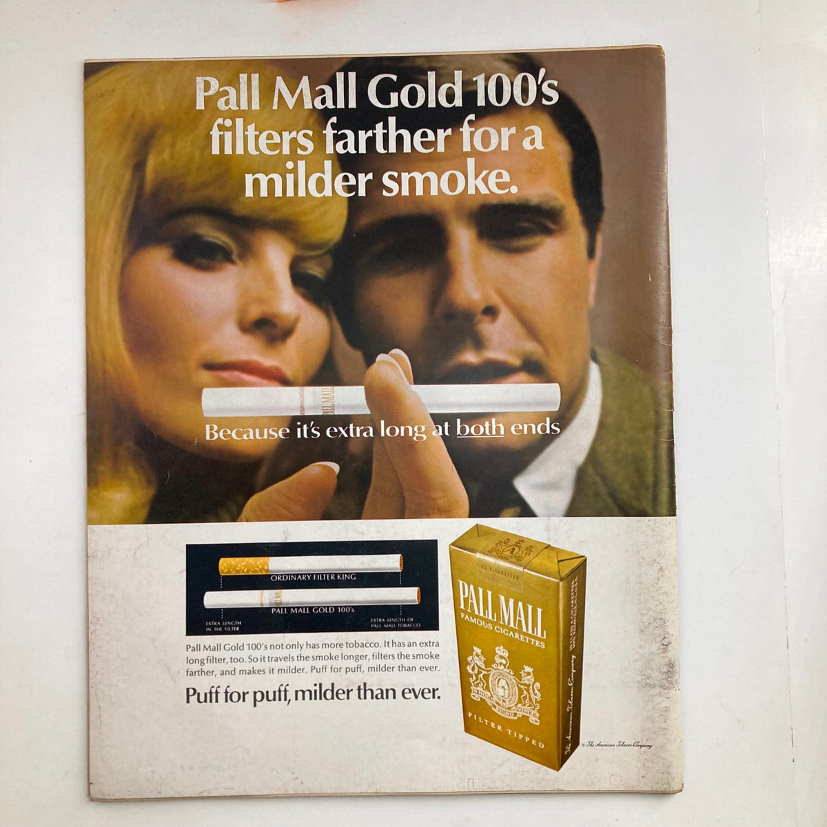 Advertisement page from VTG Look Magazine April 2, 1968, Vol 32 No. 7 featuring Pall Mall Gold 100's cigarette ad, displaying a woman and man with cigarettes, promoting a milder smoke.