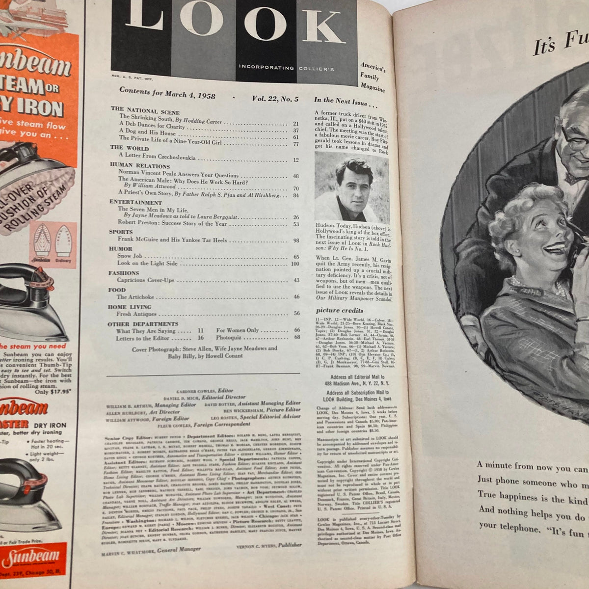 Interior page of the Vintage Look Magazine dated March 4, 1958, Volume 22 No. 5, showing the table of contents, including articles on entertainment and features with notable personalities.