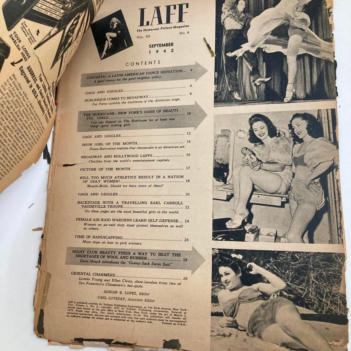 Contents page of VTG Laff Magazine September 1942, Vol 3 No. 8, showcasing various featured articles and images related to entertainment culture of the 1940s.