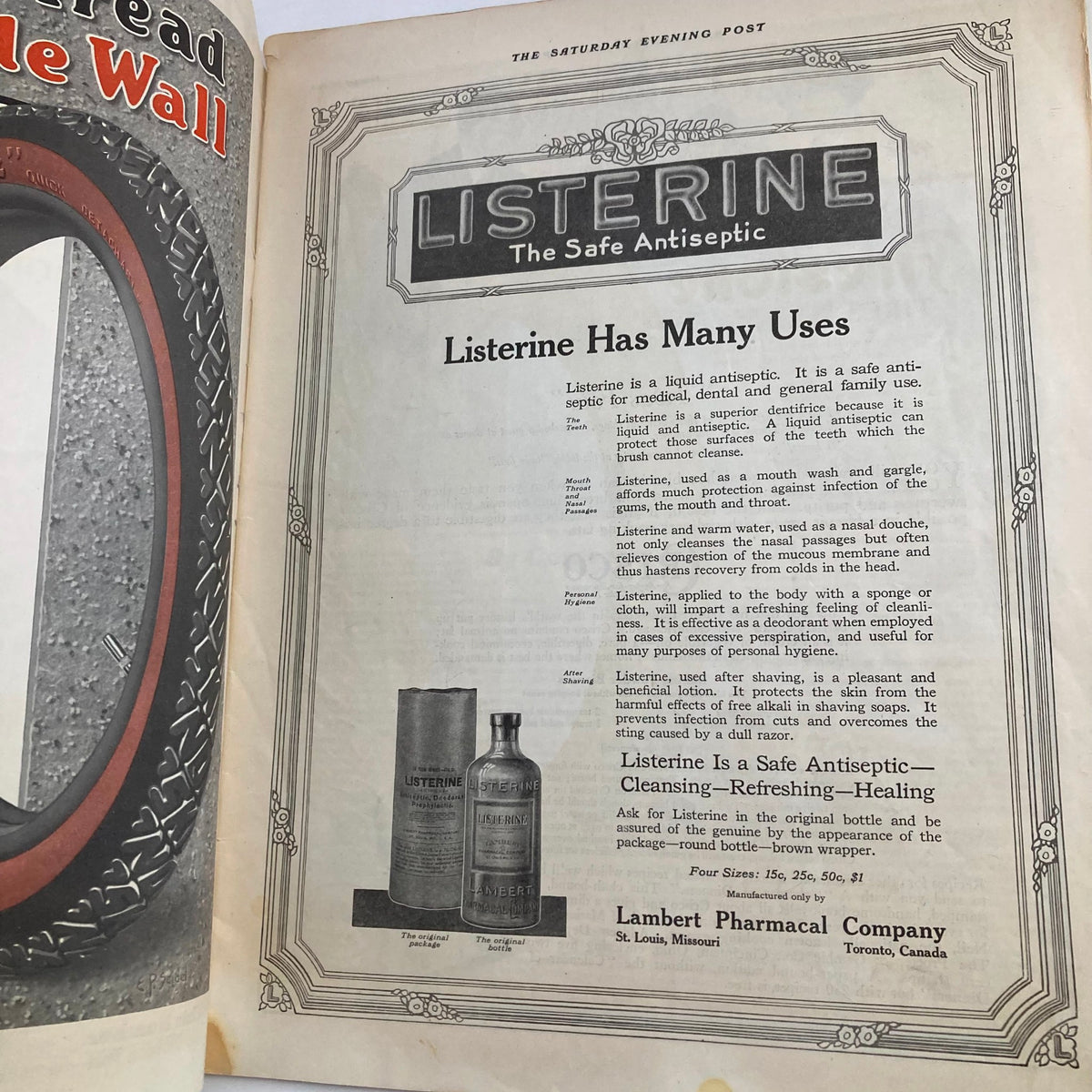 An advertisement page from The Saturday Evening Post Magazine January 29, 1916 for Listerine antiseptic, detailing its various uses.