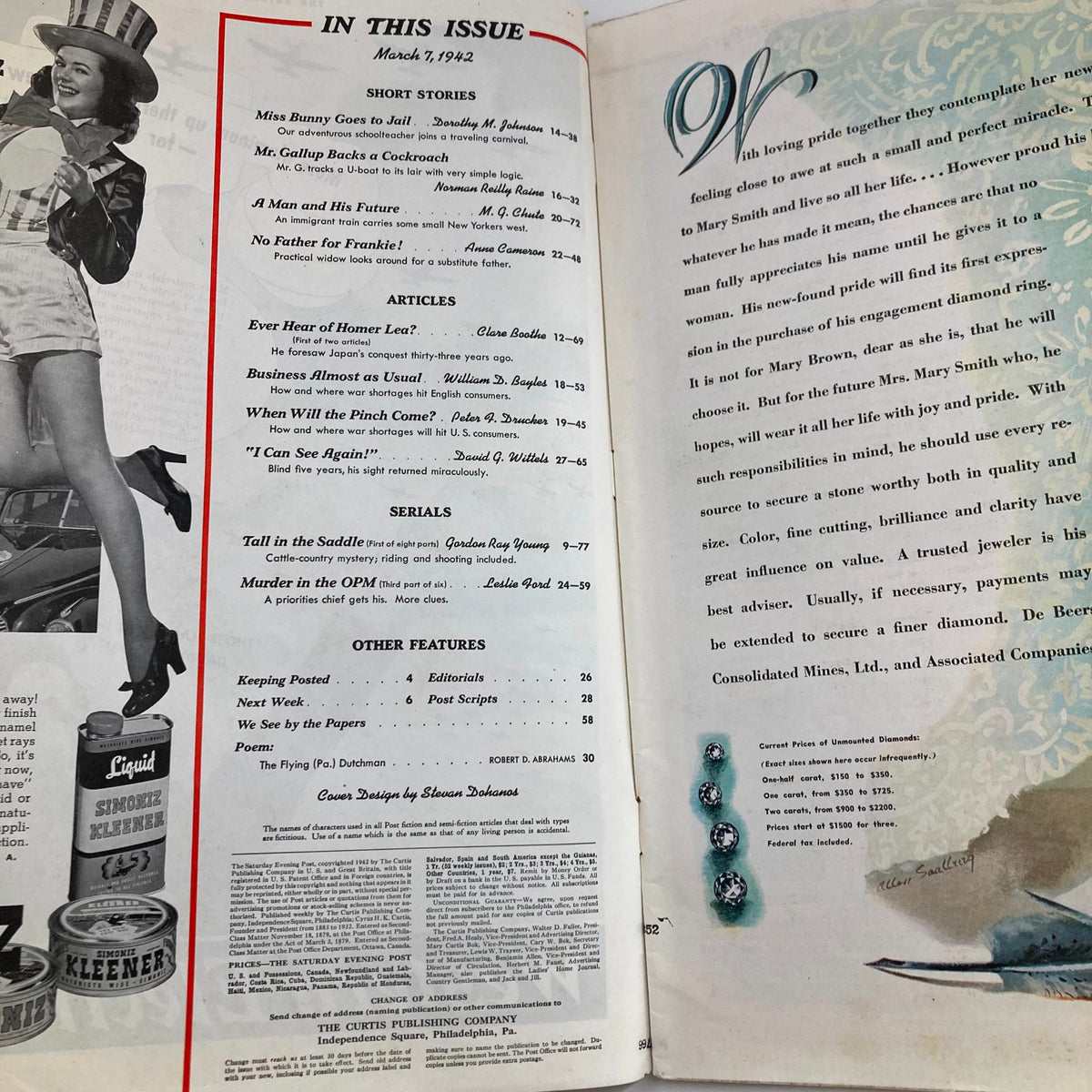 Interior page of The Saturday Evening Post Magazine from March 7, 1942, listing contents including short stories, articles, and serials, highlighting 'Tall in the Saddle' by Gordon Ray Young.