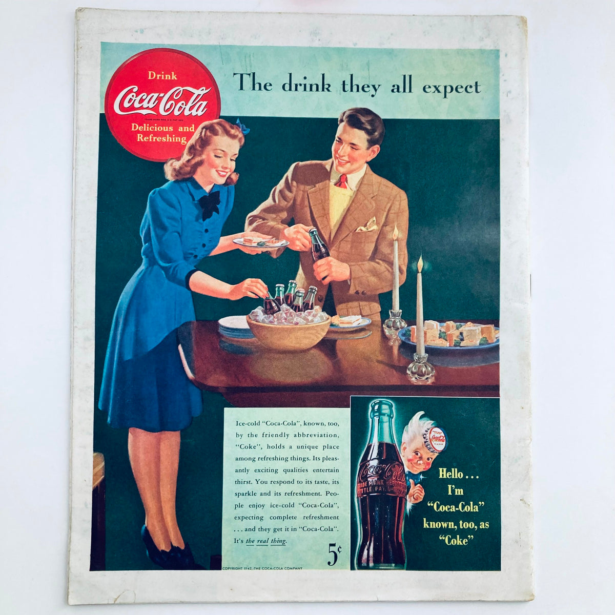 Cover of The Saturday Evening Post Magazine March 7, 1942 featuring a vintage Coca-Cola advertisement with a woman serving drinks and a man preparing to open a bottle at a table.