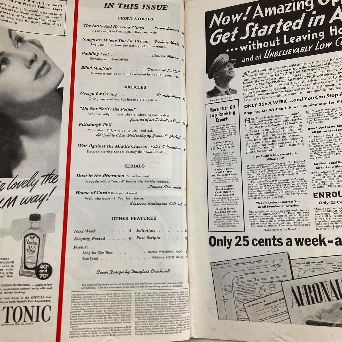 Interior pages of The Saturday Evening Post Magazine August 10, 1940 displaying articles, short stories, and serials.