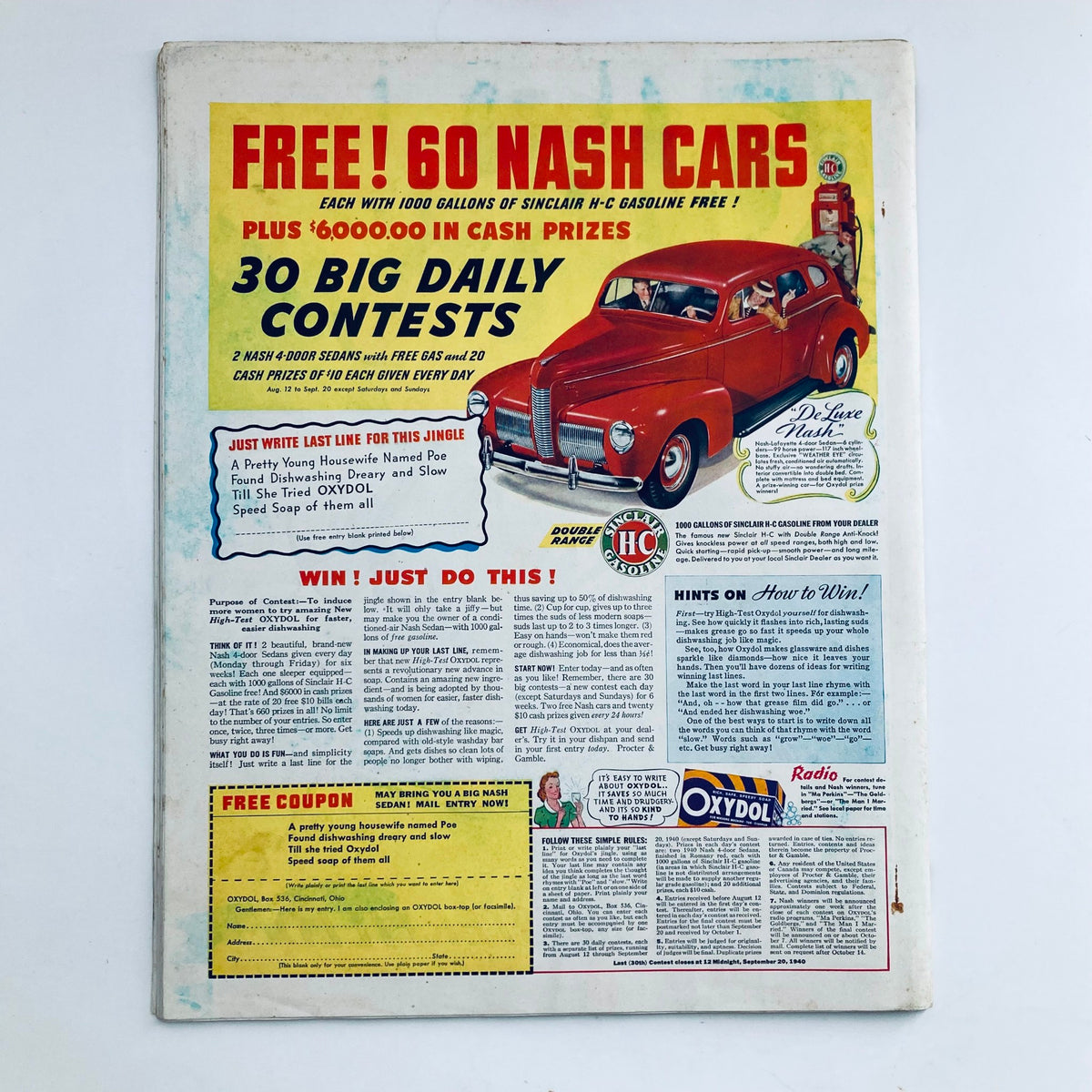 Back cover of The Saturday Evening Post Magazine August 10, 1940 promoting contests and prizes with a vintage red car featured.