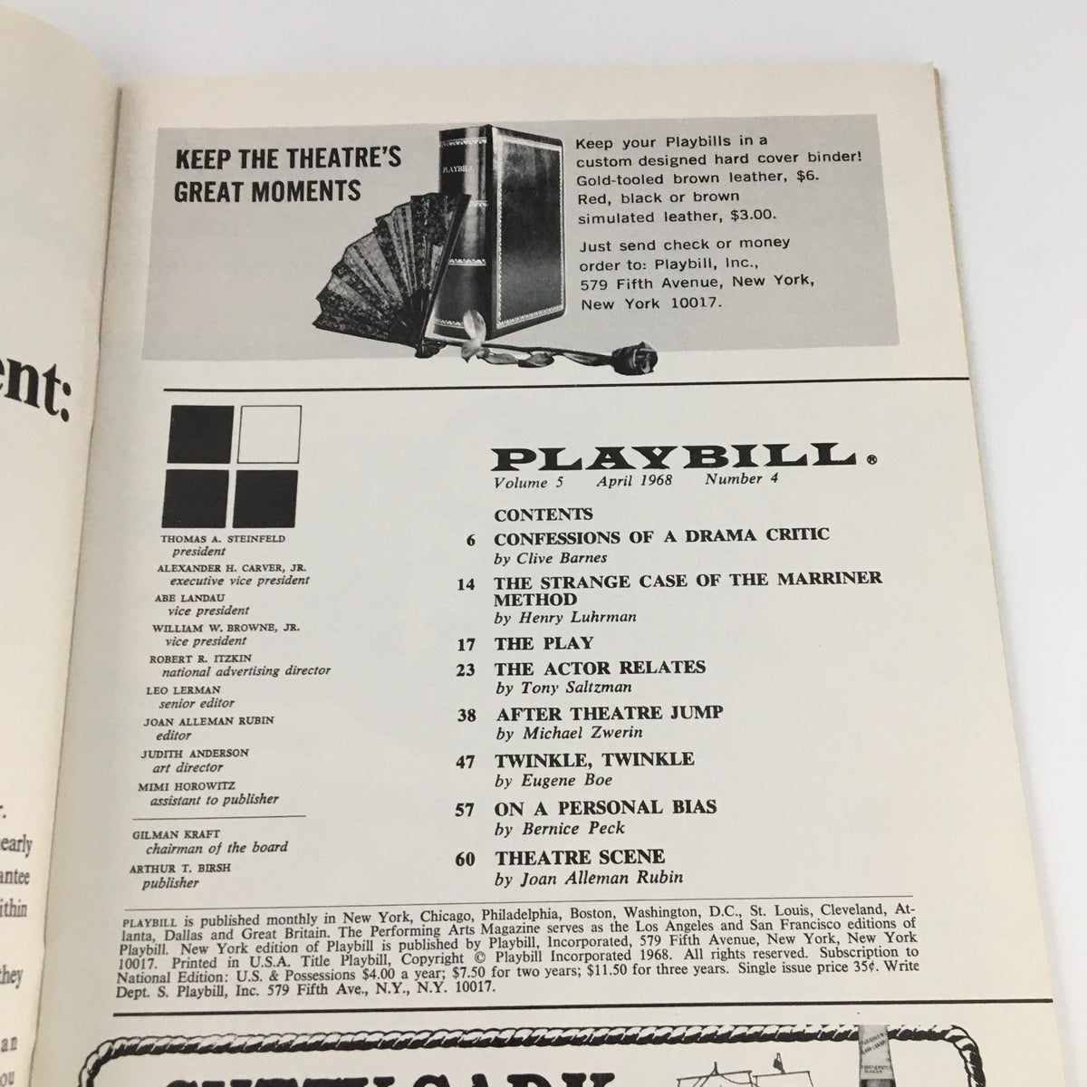 Inside page of the 1968 Playbill from the Shubert Theatre, showcasing the table of contents and drama critic features.
