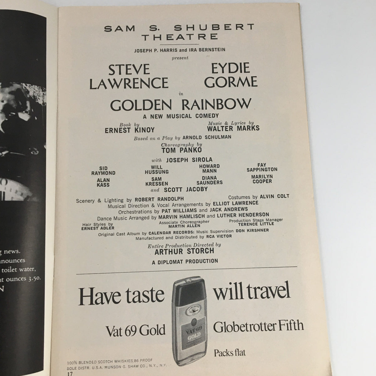 Cast and production details of 'Golden Rainbow' featuring Steve Lawrence and Eydie Gorme in the 1968 Playbill from the Shubert Theatre.