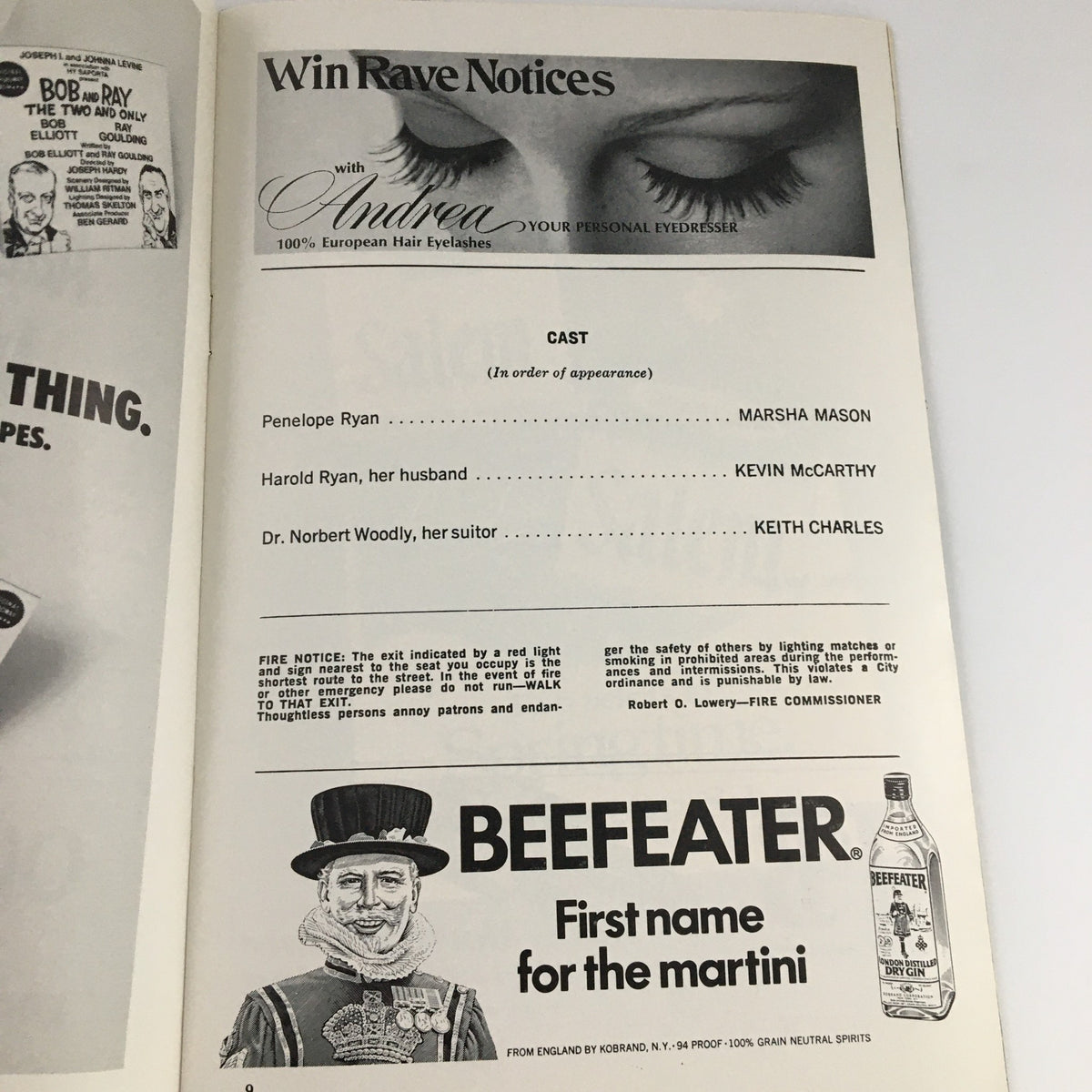 Inside page of the 1971 Playbill for 'Happy Birthday Wanda June' listing cast members including Kevin Charles, along with a product advertisement.