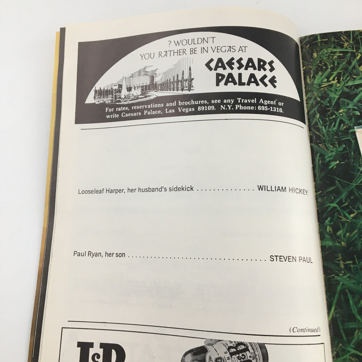 Inside page from the 1971 Playbill for 'Happy Birthday Wanda June' at Edison Theatre, featuring cast details including characters and actors William Hickey and Steven Paul.