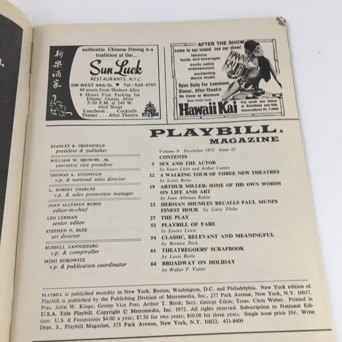 Interior page of the 1972 Playbill for 'The Last of Mrs. Lincoln' featuring restaurant advertisement and other shows at the ANTA Theatre.