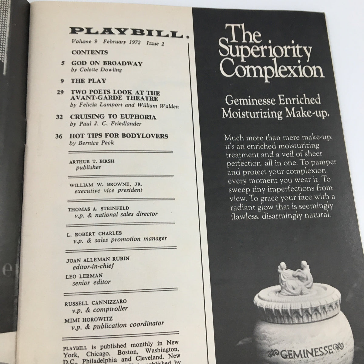 Inside page of the 1972 Playbill showcasing the contents and additional articles related to the theater and performances.