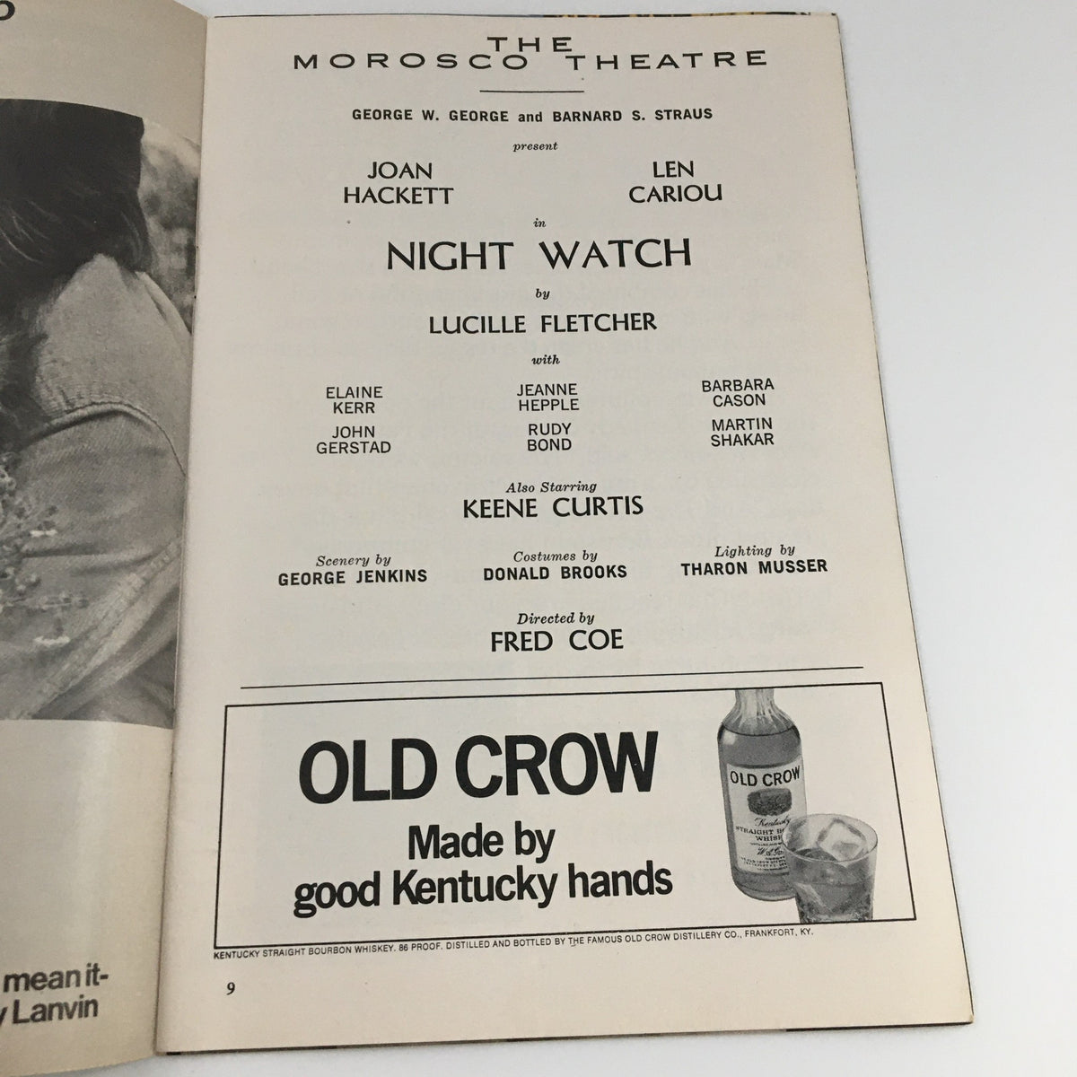 Page from the 1972 Playbill for 'Night Watch' at Morosco Theatre detailing cast members including Joan Hackett and Len Cariou.